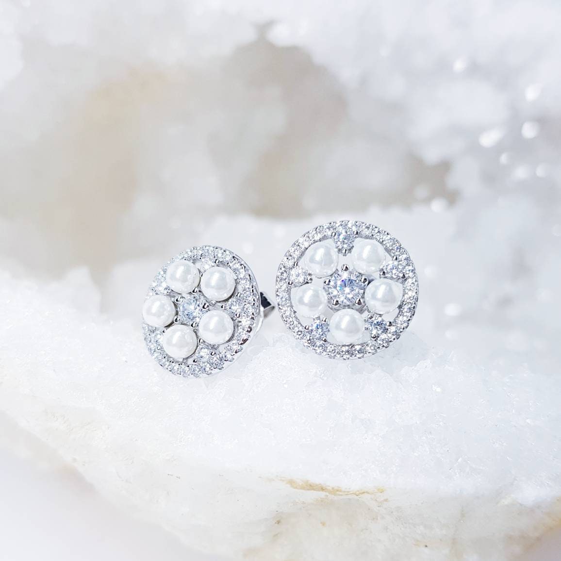 Vintage round pearl and faux diamond earrings, bridal pearl studs, elegant round pearl earrings