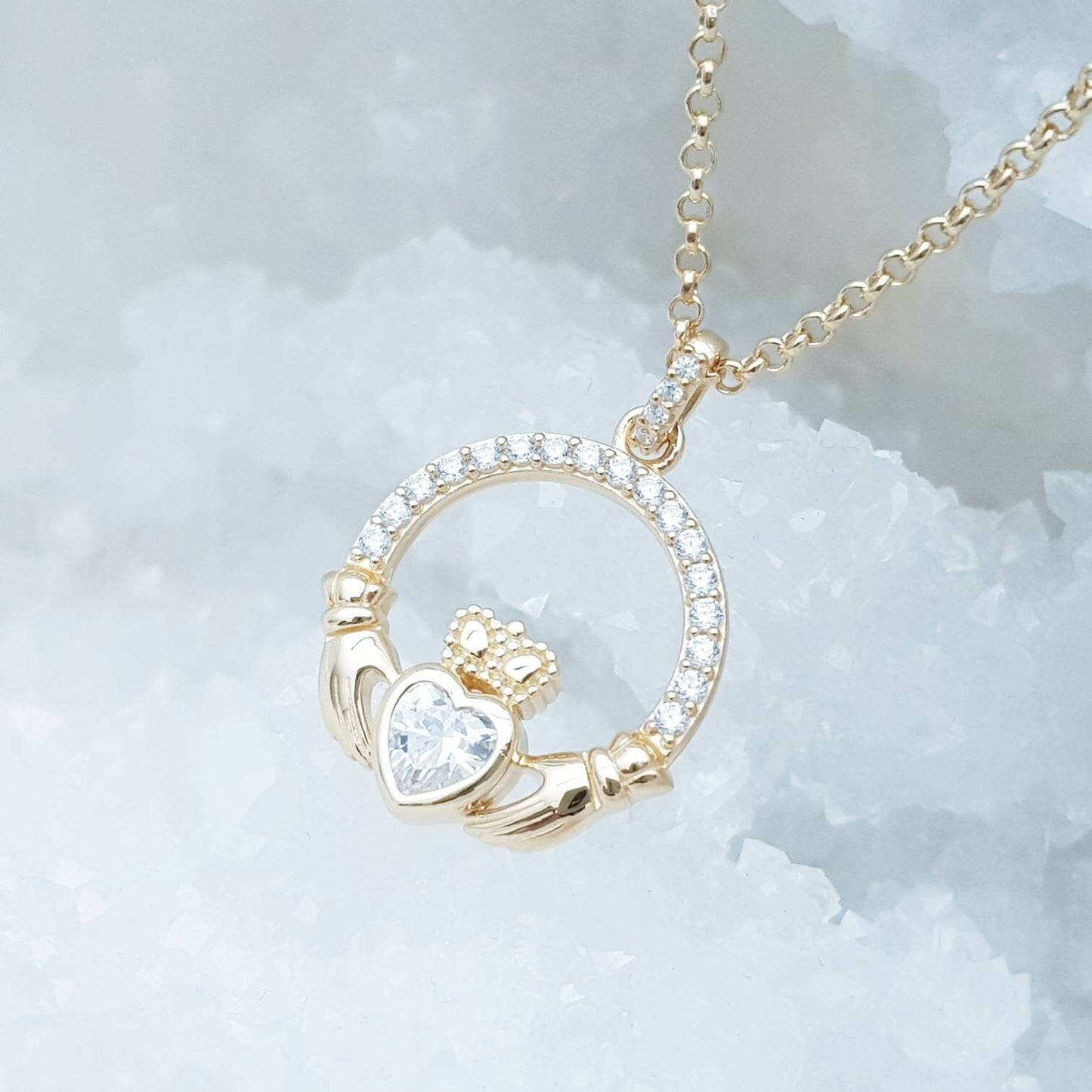 Sterling silver yellow gold claddagh necklace, irish necklace with gold plating