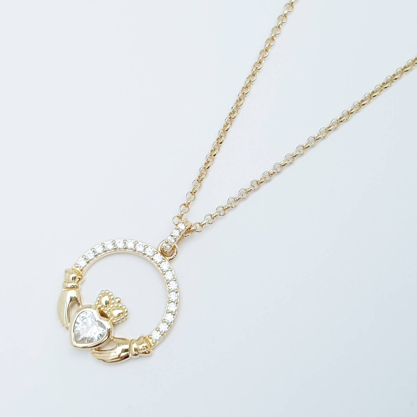 Sterling silver yellow gold claddagh necklace, irish necklace with gold plating