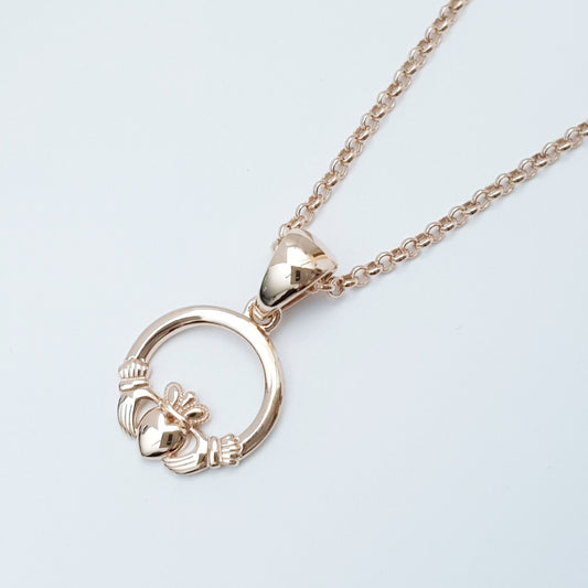 Rose gold plated Claddagh pendant, Irish claddagh necklace from Galway, Ireland, Sterling Silver claddagh necklace