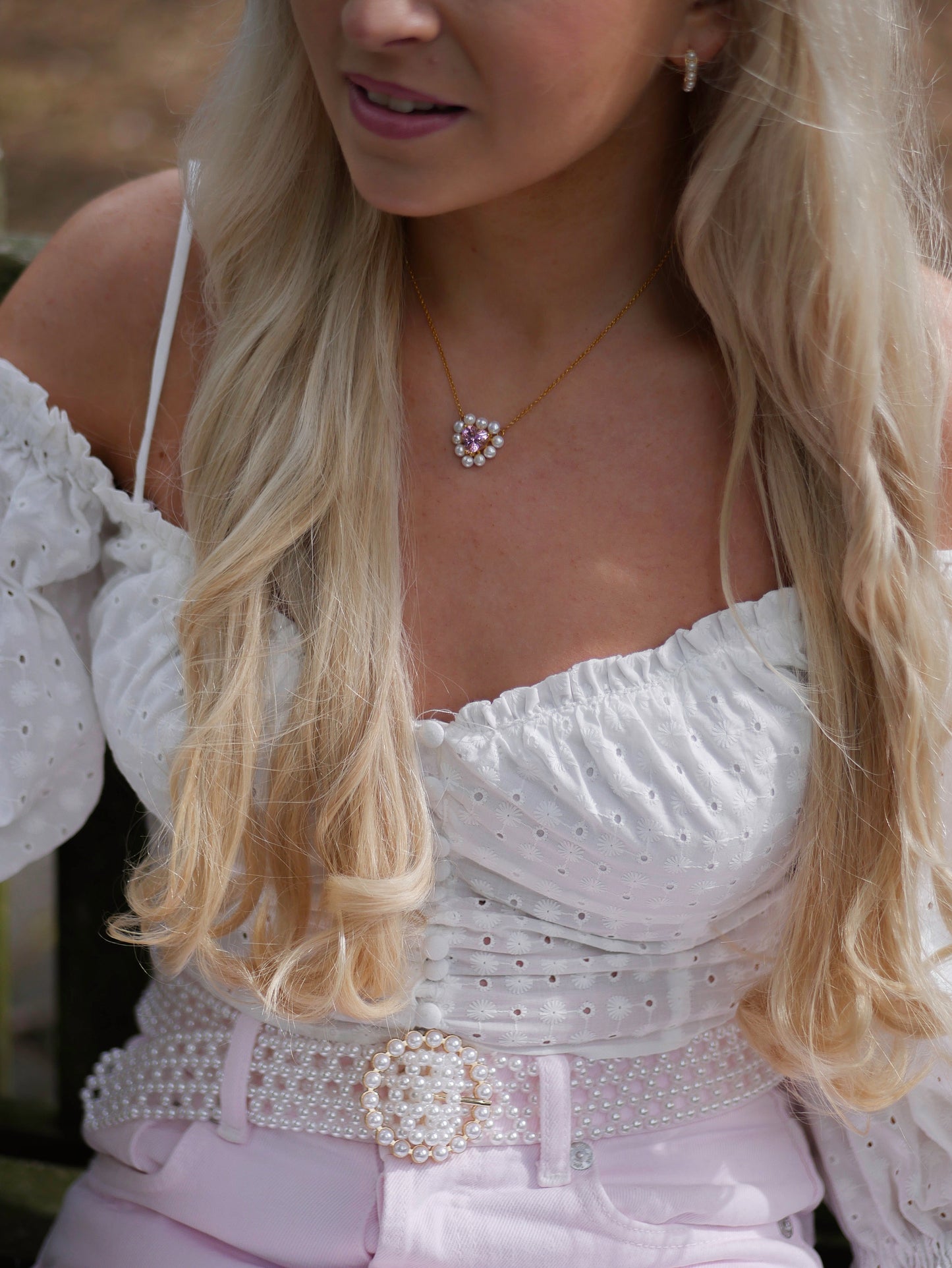 The Jade Necklace - Pink heart with halo of Pearls