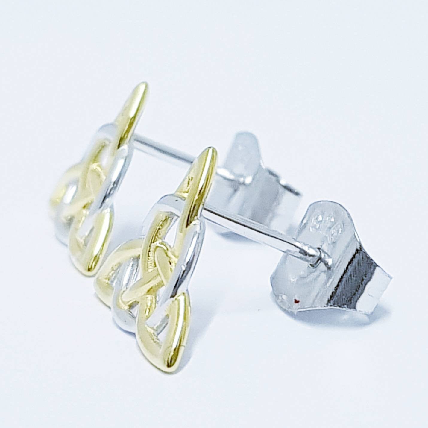 Celtic stud Earrings in silver with yellow gold plating, triquetra stud earrings