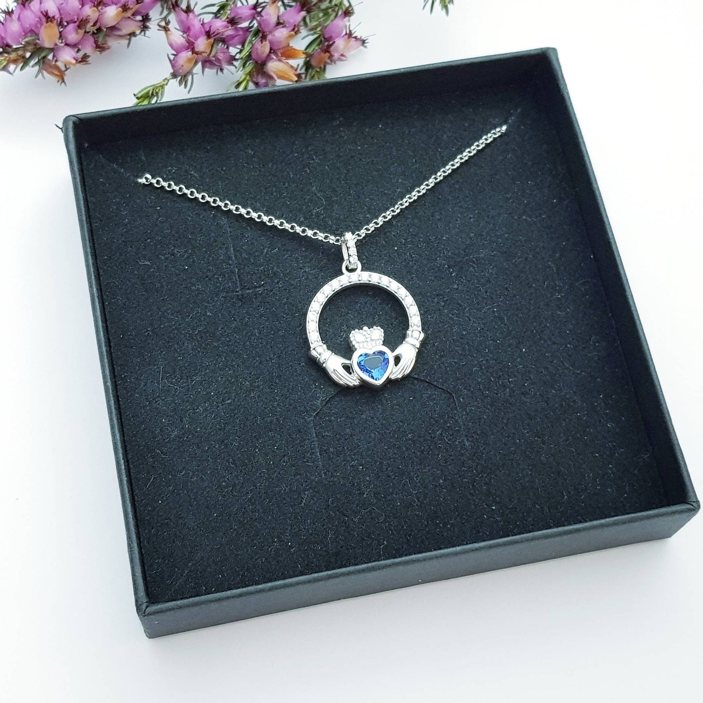 Sterling Silver Claddagh pendant, sapphire blue Claddagh necklace from Ireland
