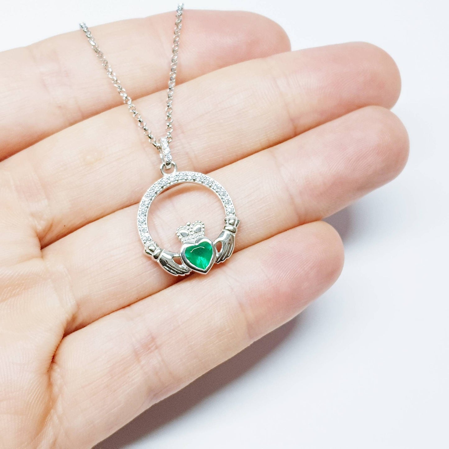 Sterling silver emerald green may birthstone claddagh necklace