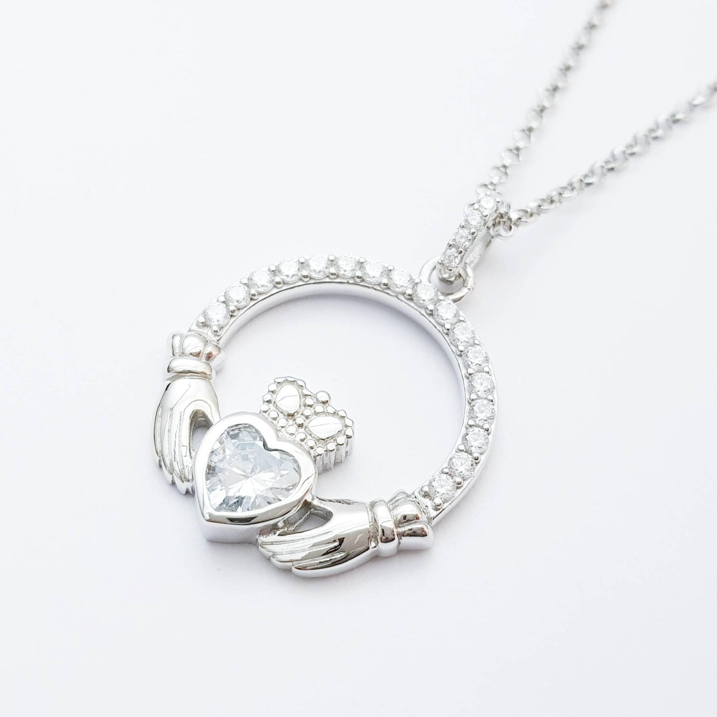 Silver Claddagh pendant, diamond white april birthstone claddagh necklace, Silver Claddagh pendant