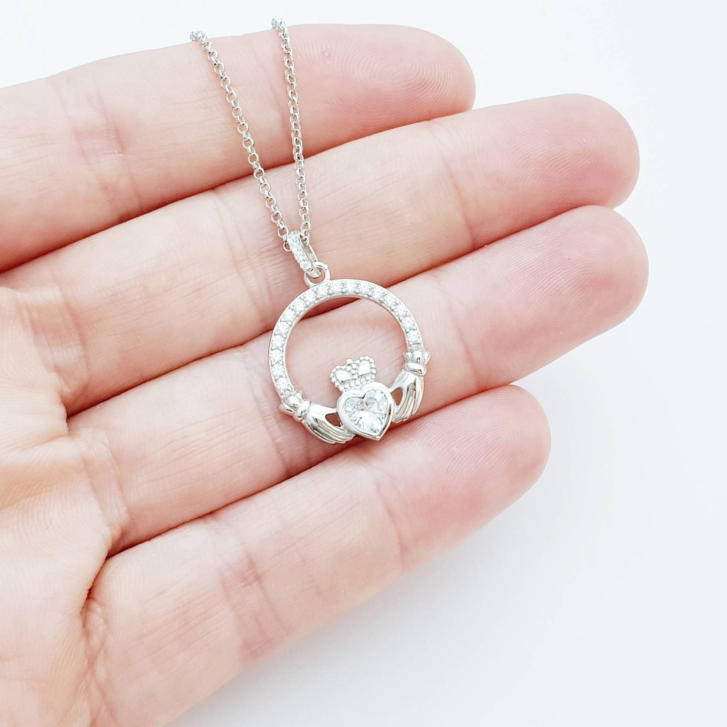 Silver Claddagh pendant, diamond white april birthstone claddagh necklace, Silver Claddagh pendant