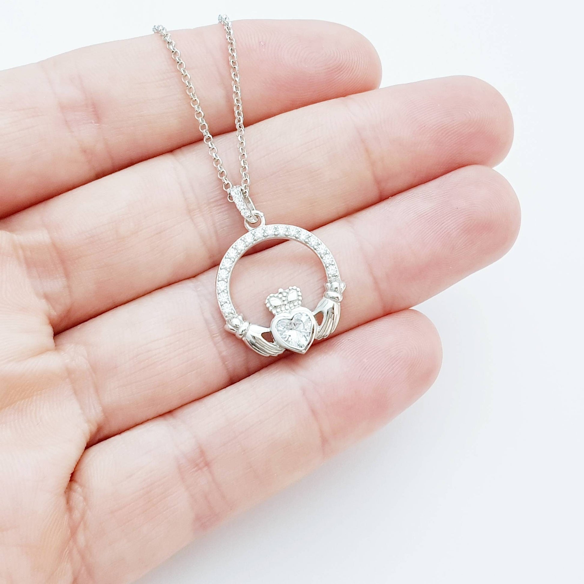 Silver Claddagh pendant, diamond white april birthstone claddagh necklace, Silver Claddagh pendant