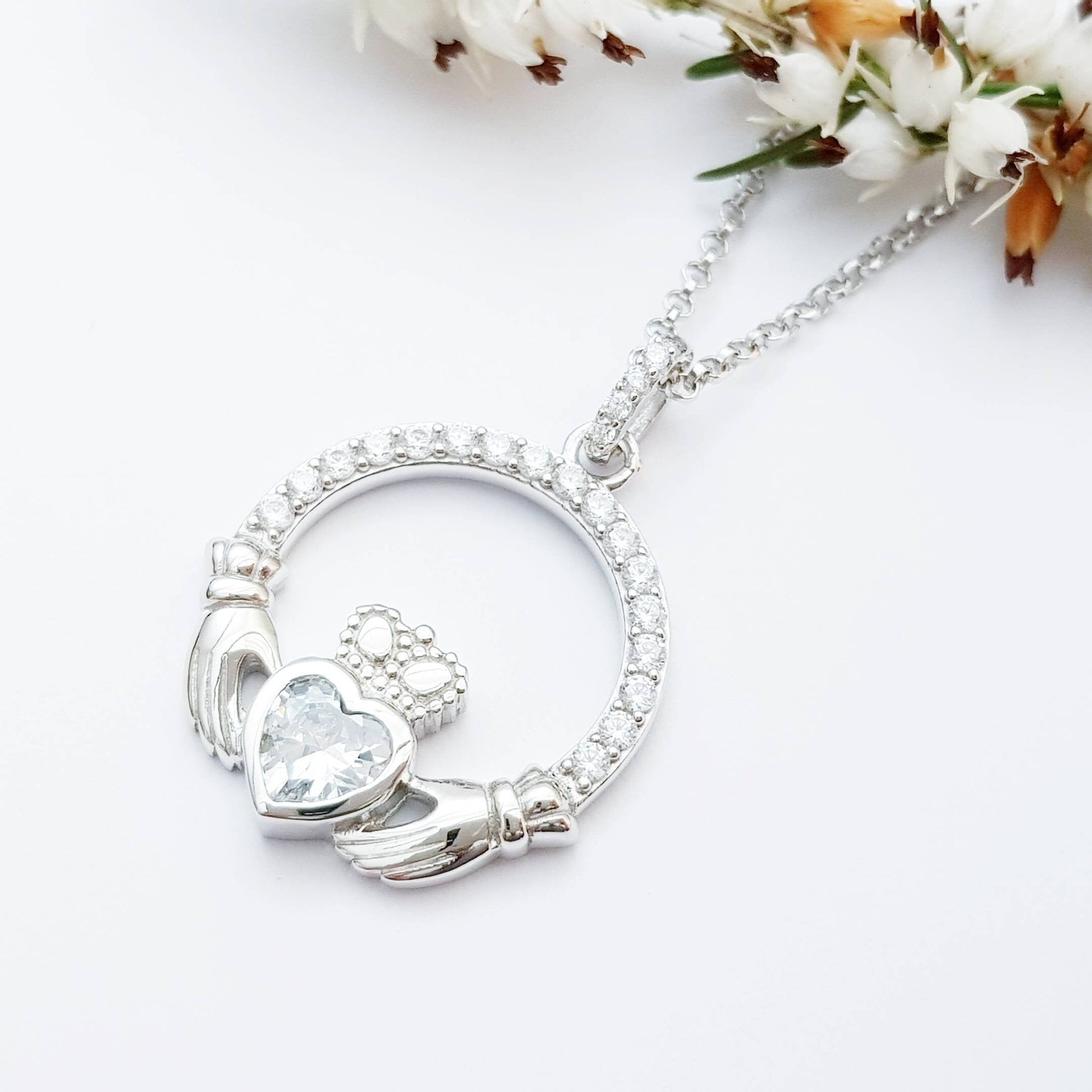Silver Claddagh pendant, diamond white april birthstone claddagh necklace, Silver Claddagh pendant
