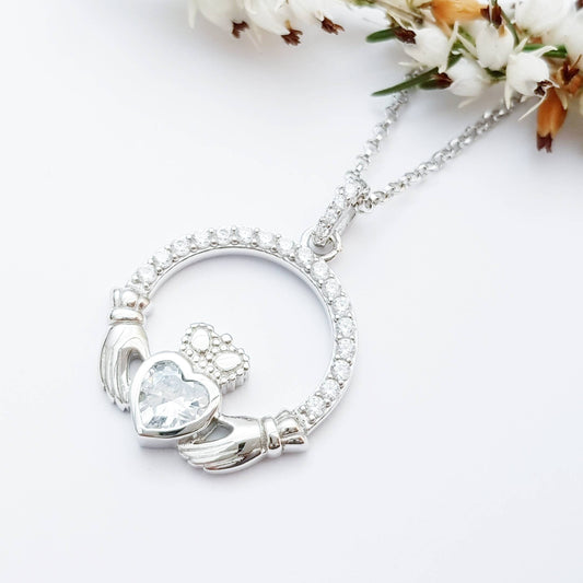 Silver Claddagh pendant, diamond white april birthstone claddagh necklace, Silver Claddagh pendant