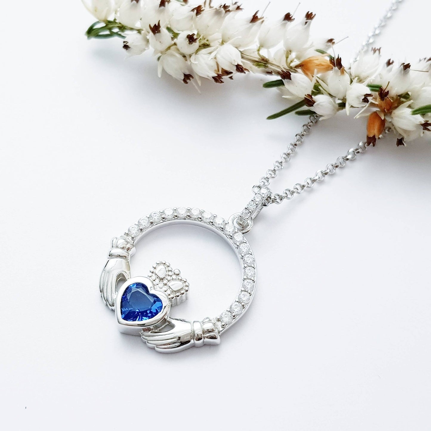 Sterling Silver Claddagh pendant, sapphire blue Claddagh necklace from Ireland