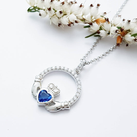 Sterling Silver Claddagh pendant, sapphire blue Claddagh necklace from Ireland