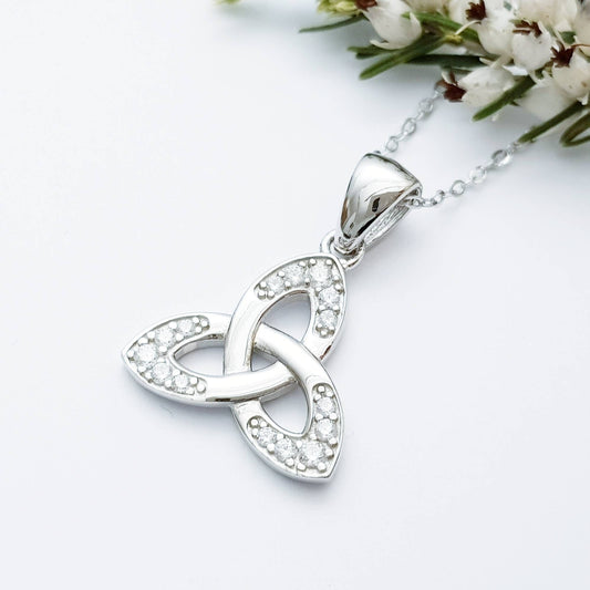 Celtic Trinity knot pendant, celtic triquetra necklace with angel wing chain