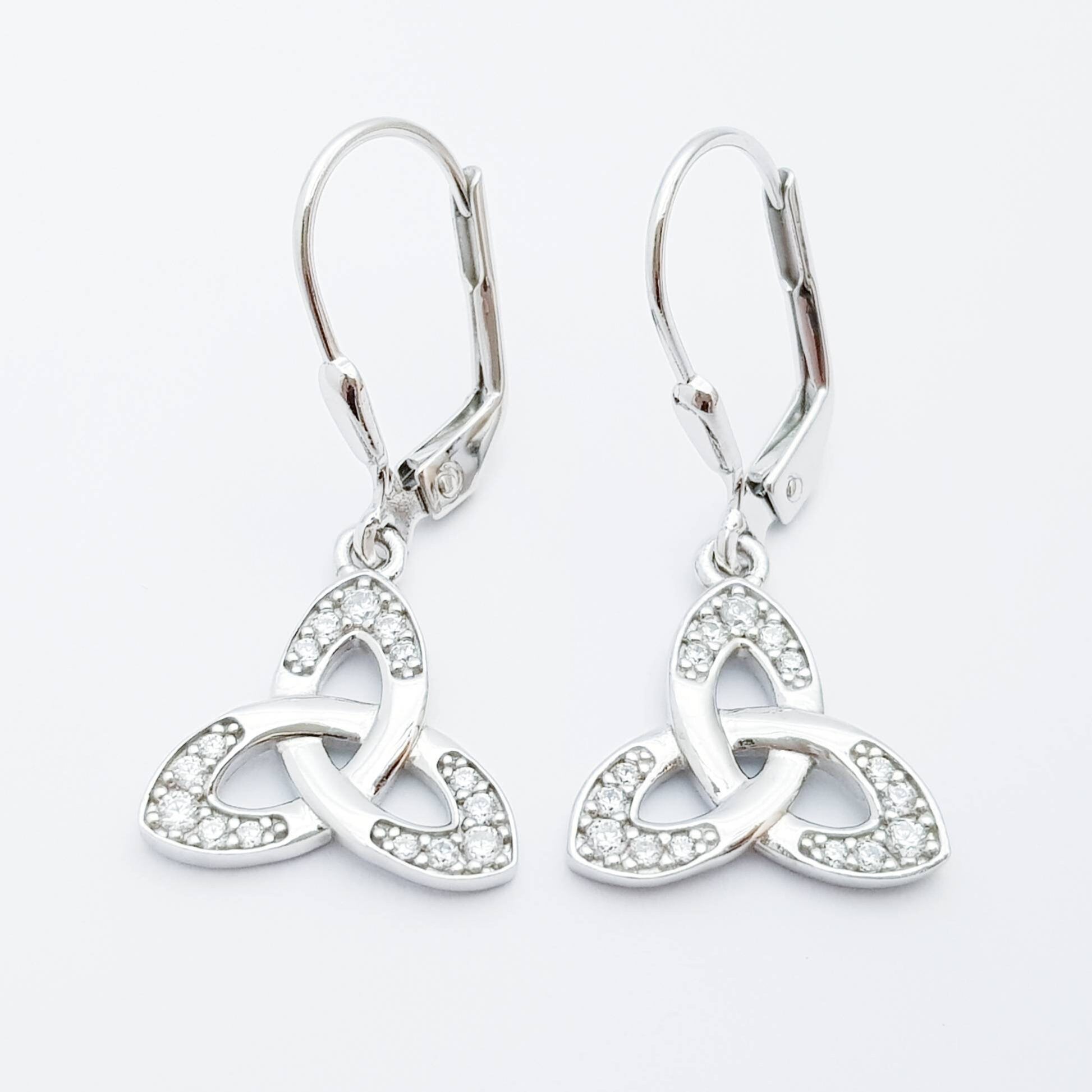 Silver drop Celtic knot Earrings, Celtic lever back, trinity knot earrings