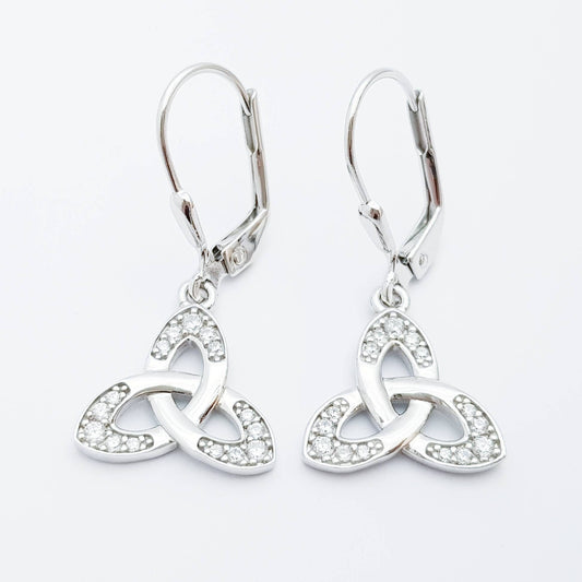 Silver drop Celtic knot Earrings, Celtic lever back, trinity knot earrings