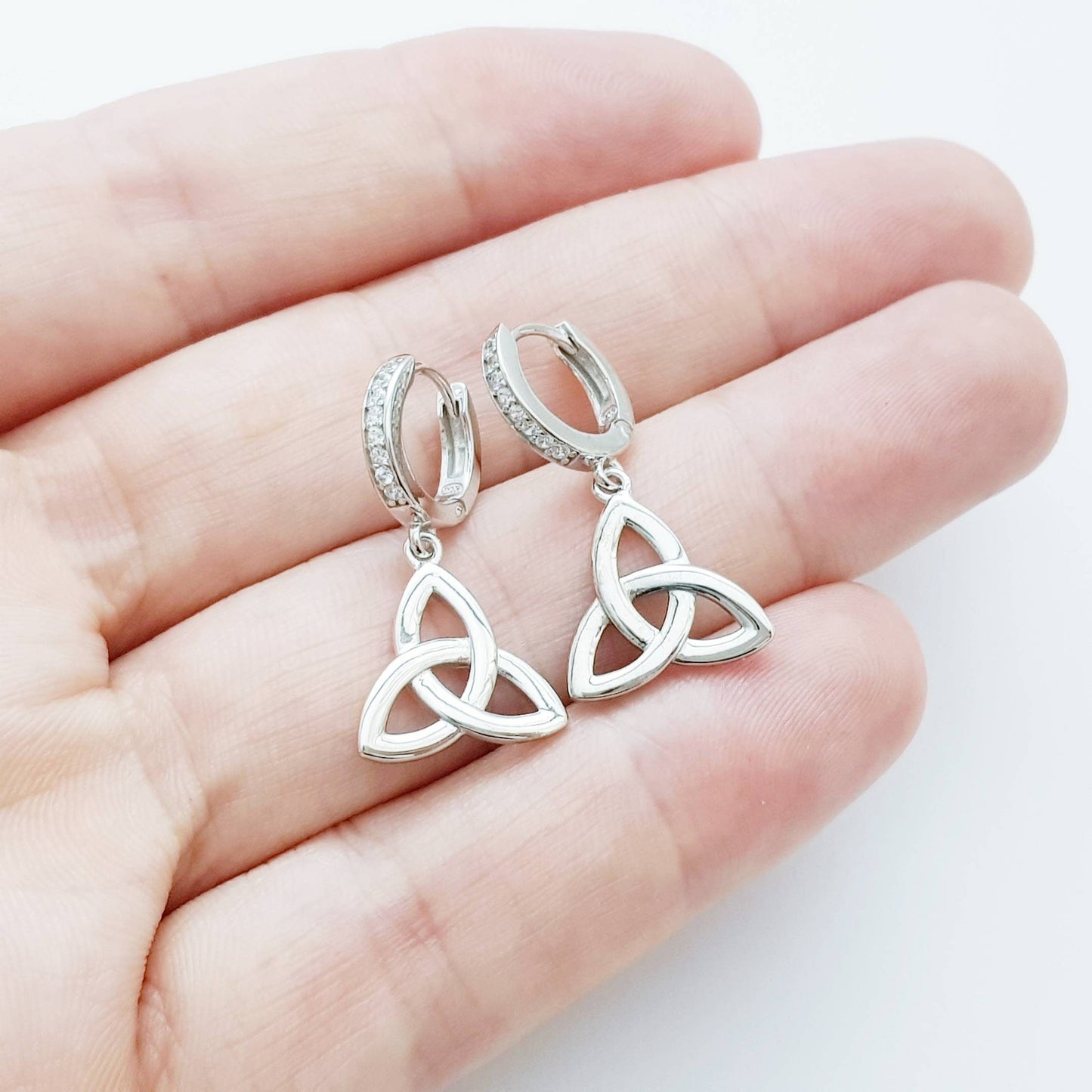 Celtic huggie Earrings, trinity knot drop earrings, silver Celtic jewelry, triquetra earrings, celtic dangle earrings