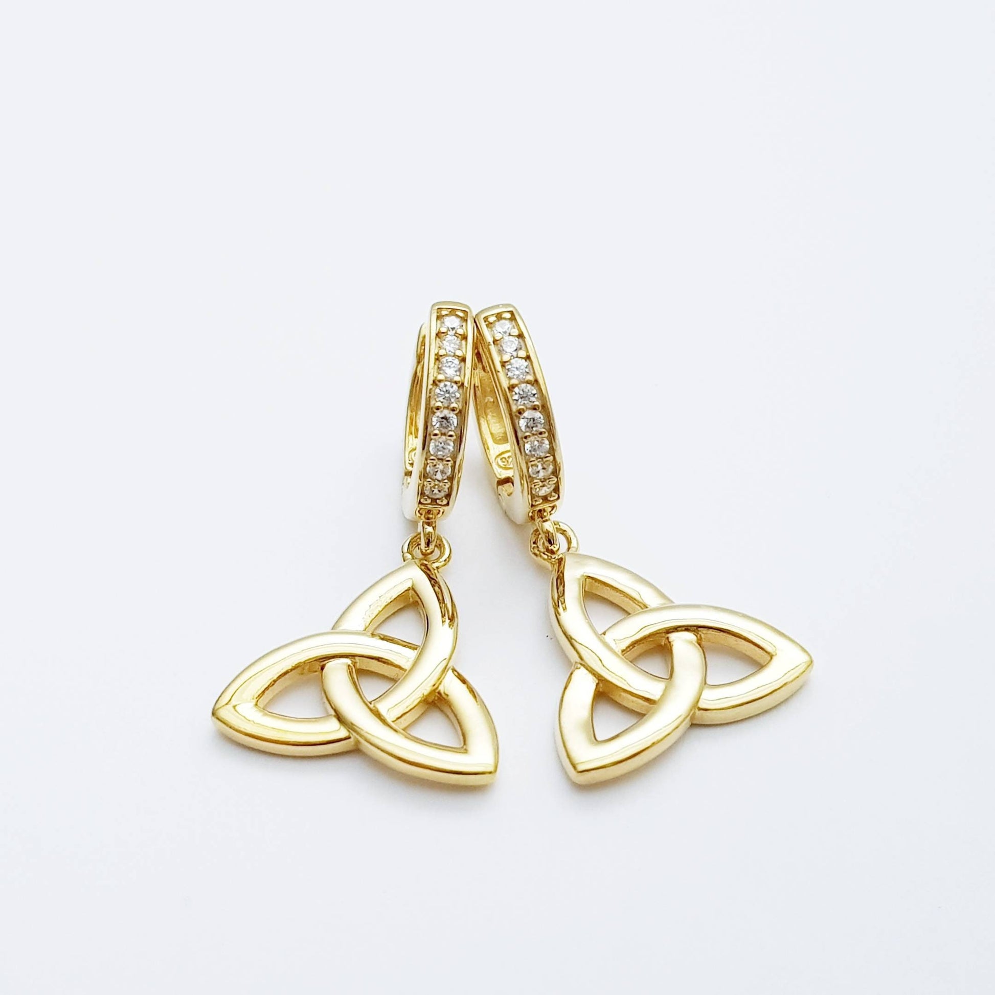 Celtic huggie Earrings, trinity knot hoop earrings, gold Celtic jewelry, celtic drop earrings