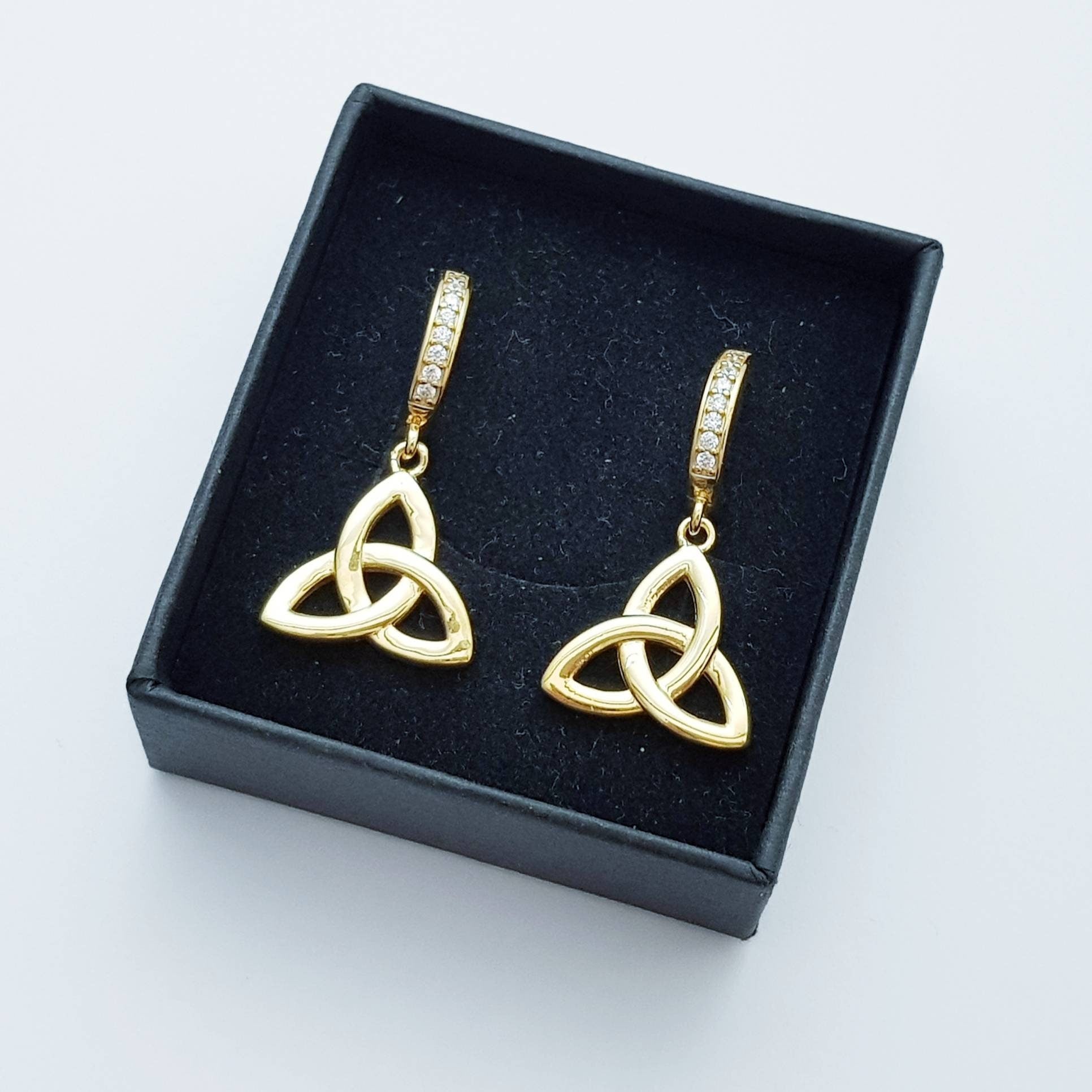 Celtic huggie Earrings, trinity knot hoop earrings, gold Celtic jewelry, celtic drop earrings