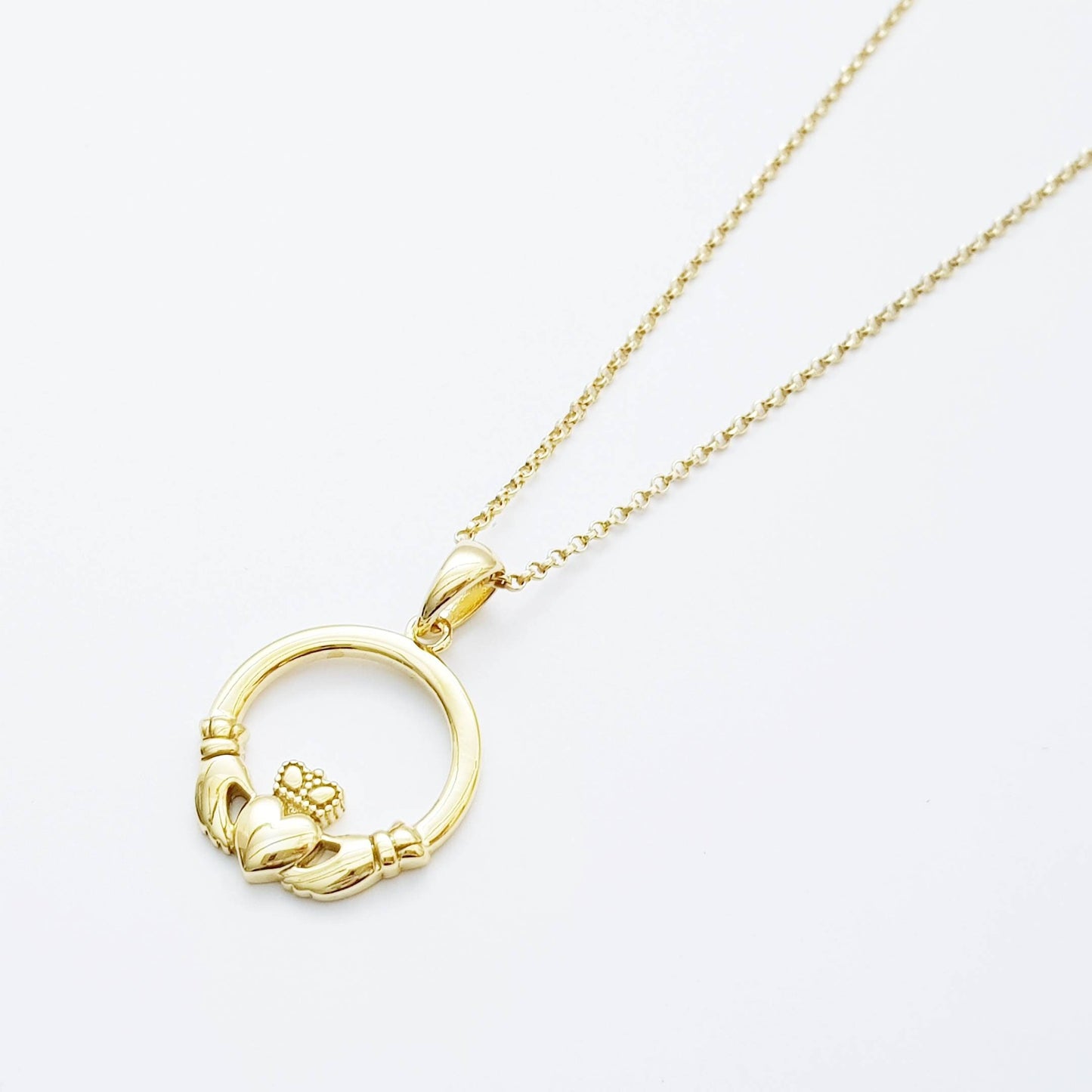 Gold Claddagh pendant, Irish claddagh necklace from Galway, Ireland, claddagh celtic pendant