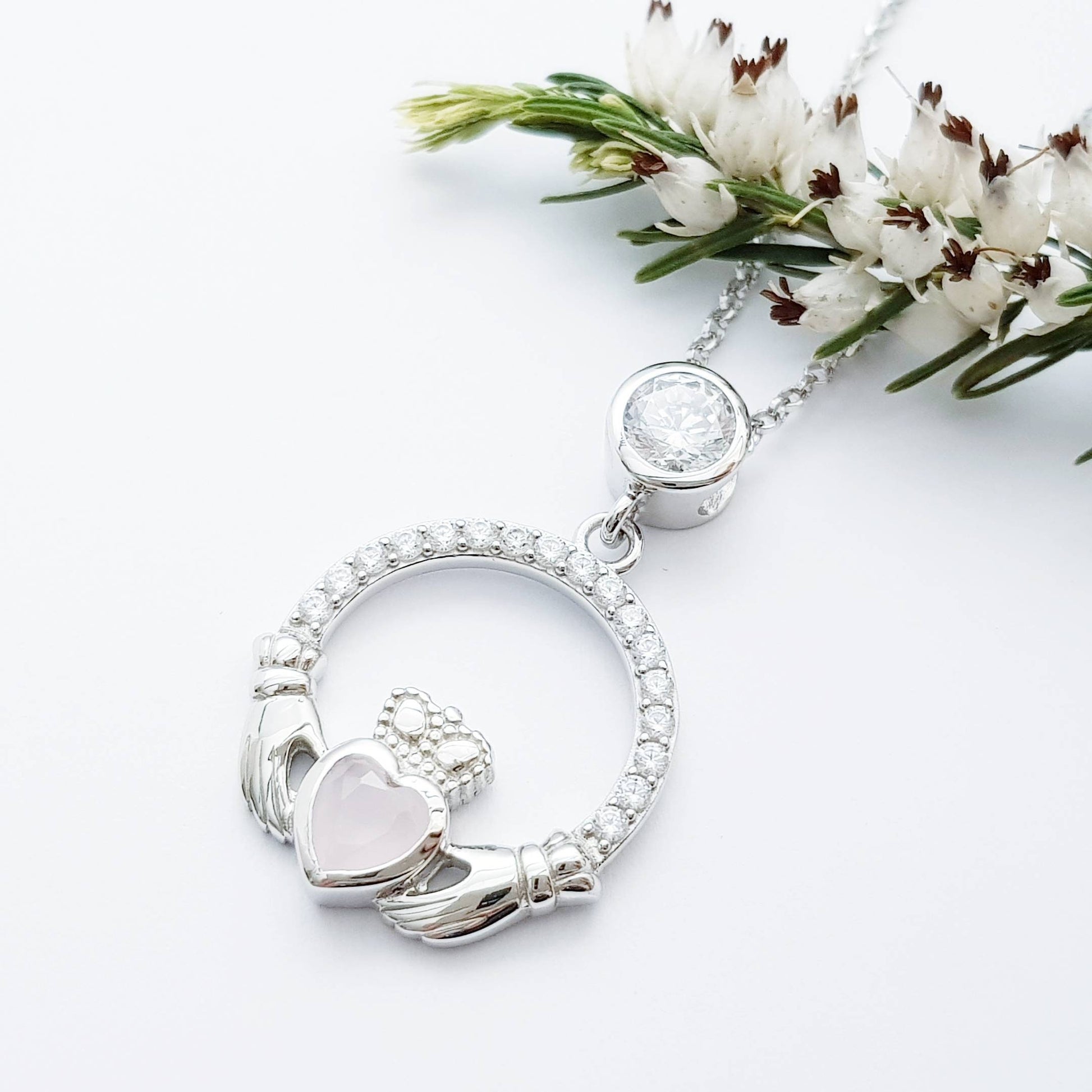 Sterling Silver Claddagh pendant, claddagh necklace, Pink Claddagh chain from Ireland