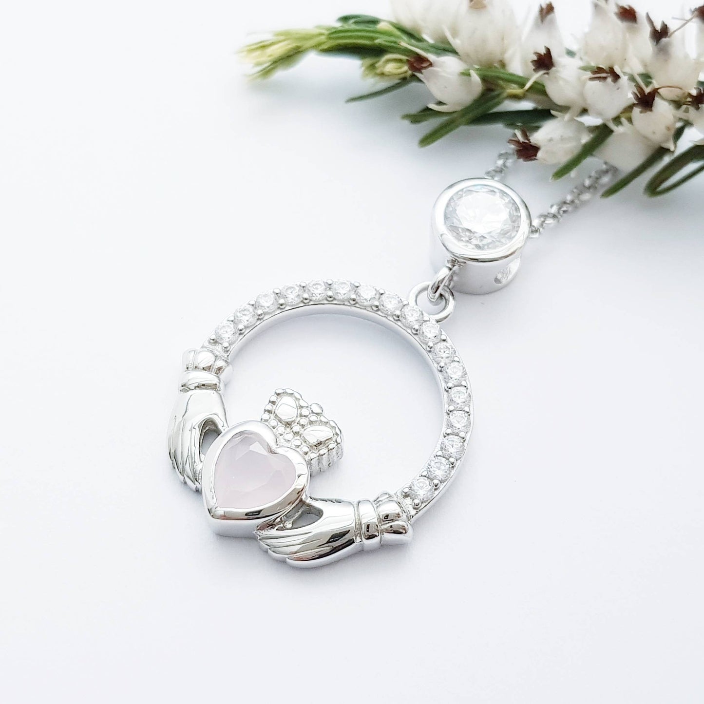 Sterling Silver Claddagh pendant, claddagh necklace, Pink Claddagh chain from Ireland