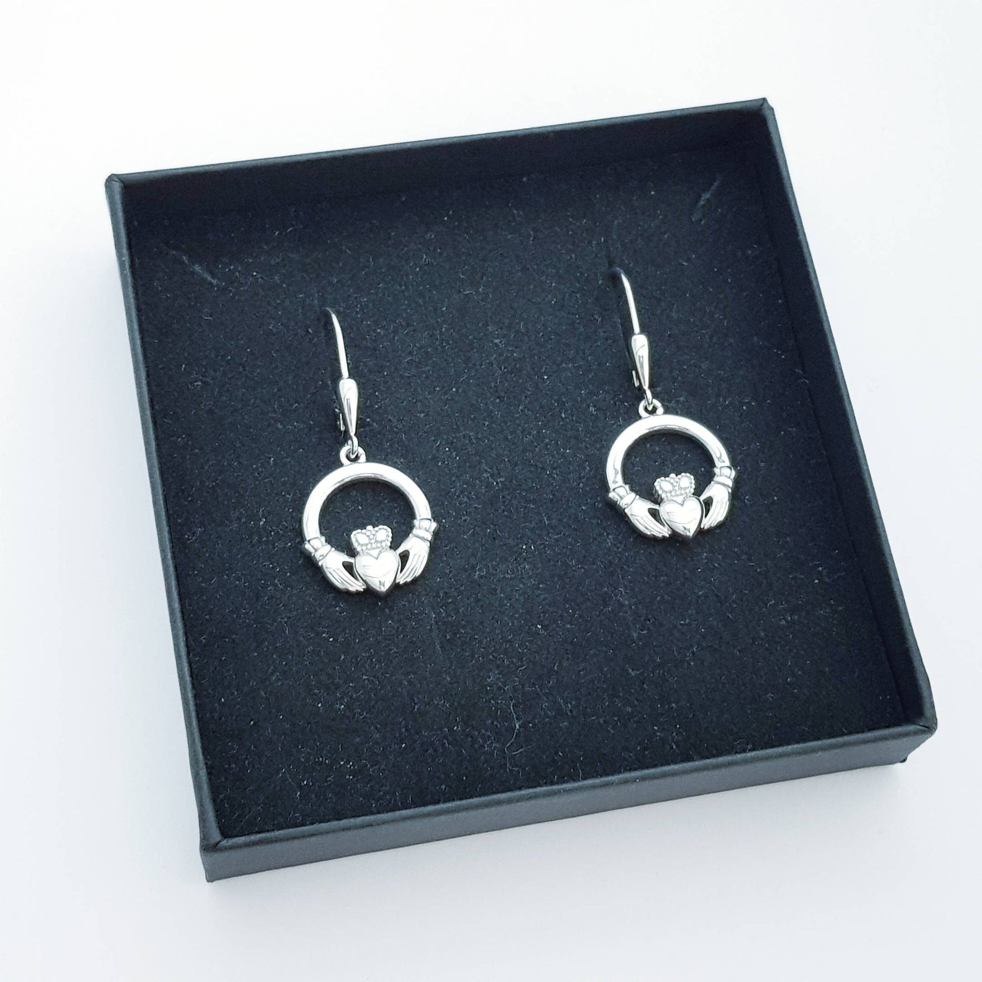 Claddagh Earrings, Silver Claddagh Earrings, lever back drop Earrings