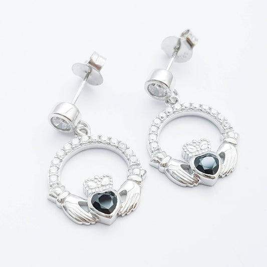 Silver claddagh drop earrings with black stone heart