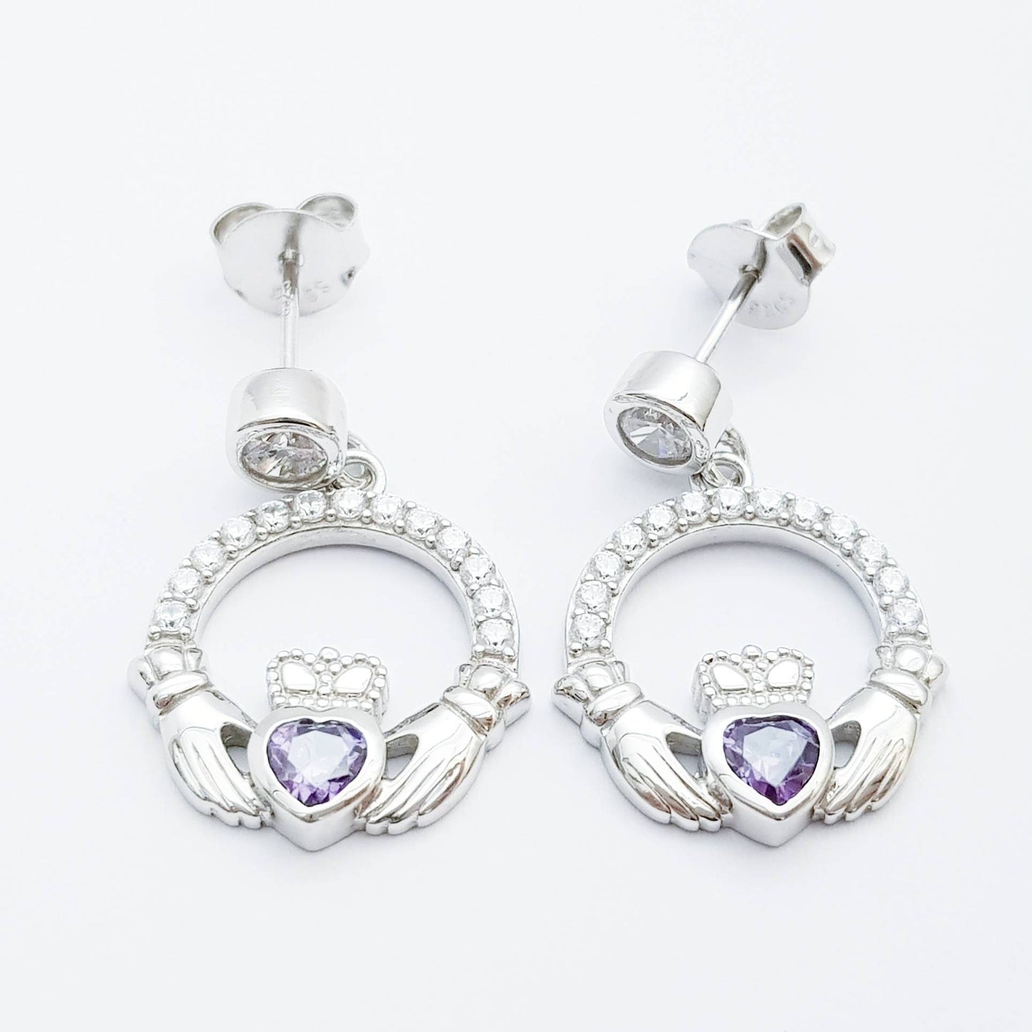 Claddagh drop earrings with purple stone heart, February birthstone