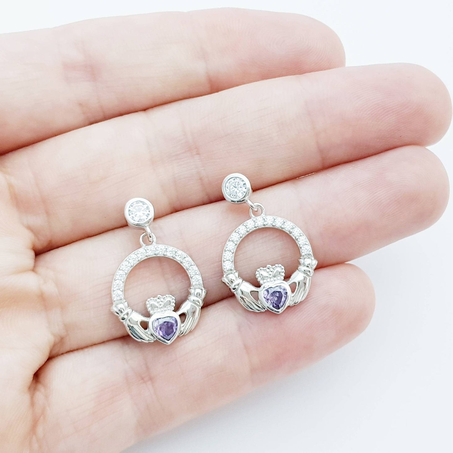 Claddagh drop earrings with purple stone heart, February birthstone