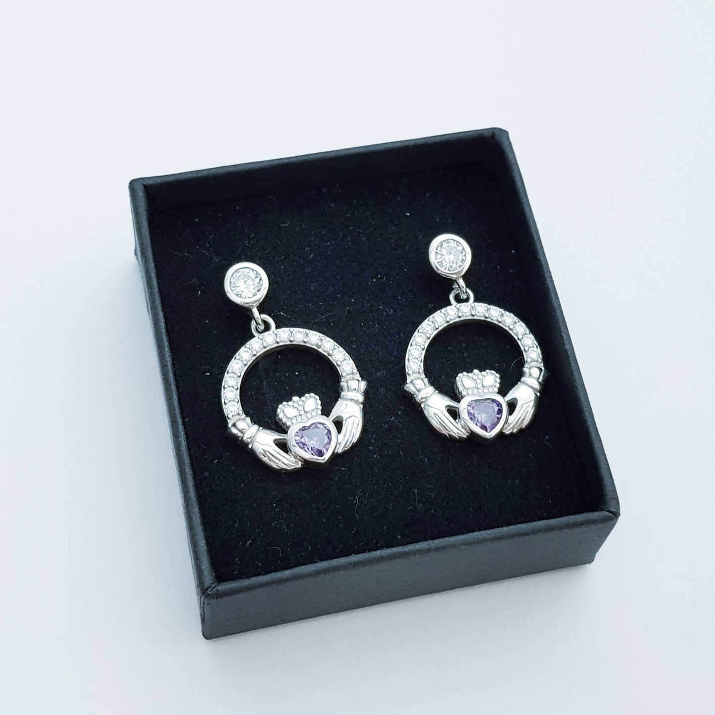 Claddagh drop earrings with purple stone heart, February birthstone