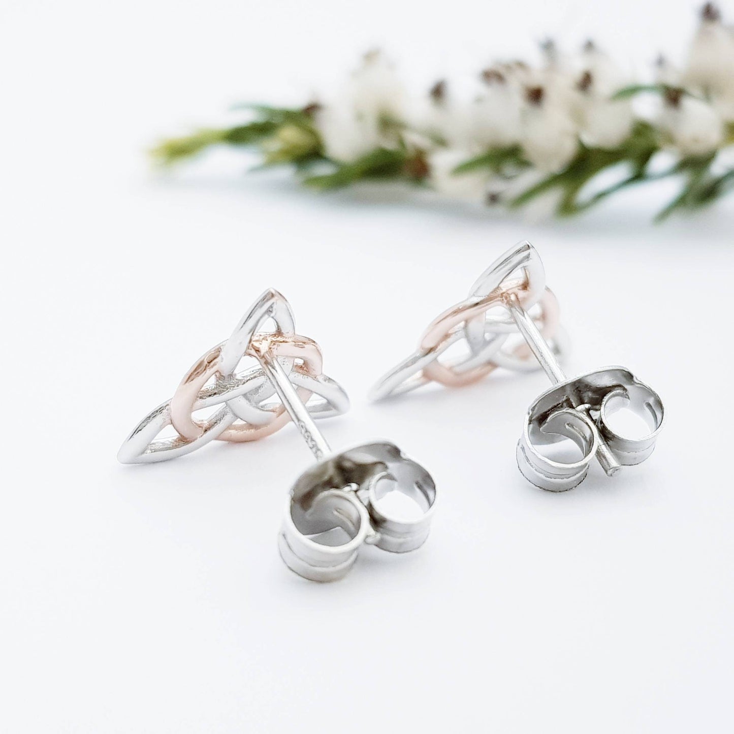 Celtic stud Earrings in silver with rose gold plating, triquetra earrings