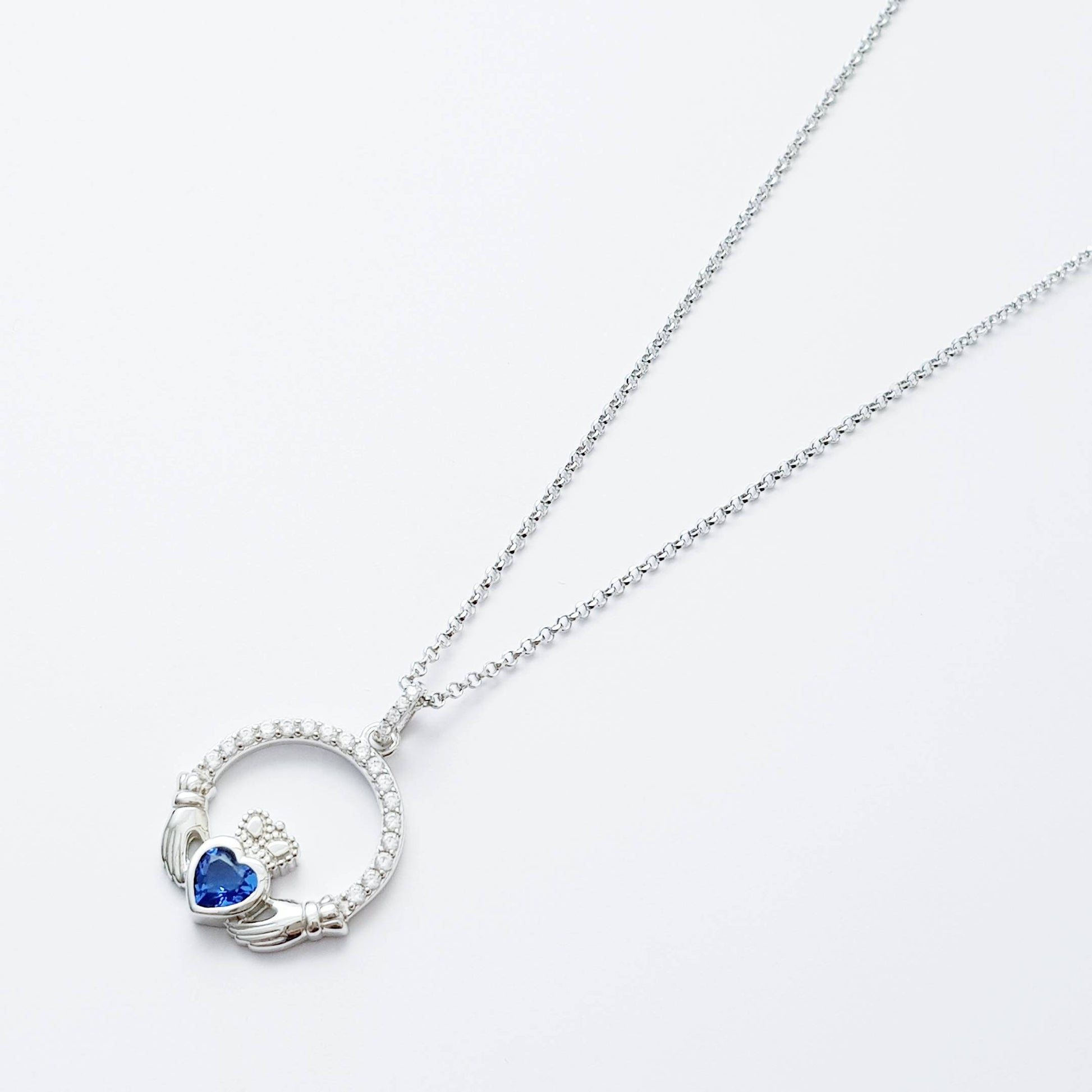 Sterling Silver Claddagh pendant, sapphire blue Claddagh necklace from Ireland