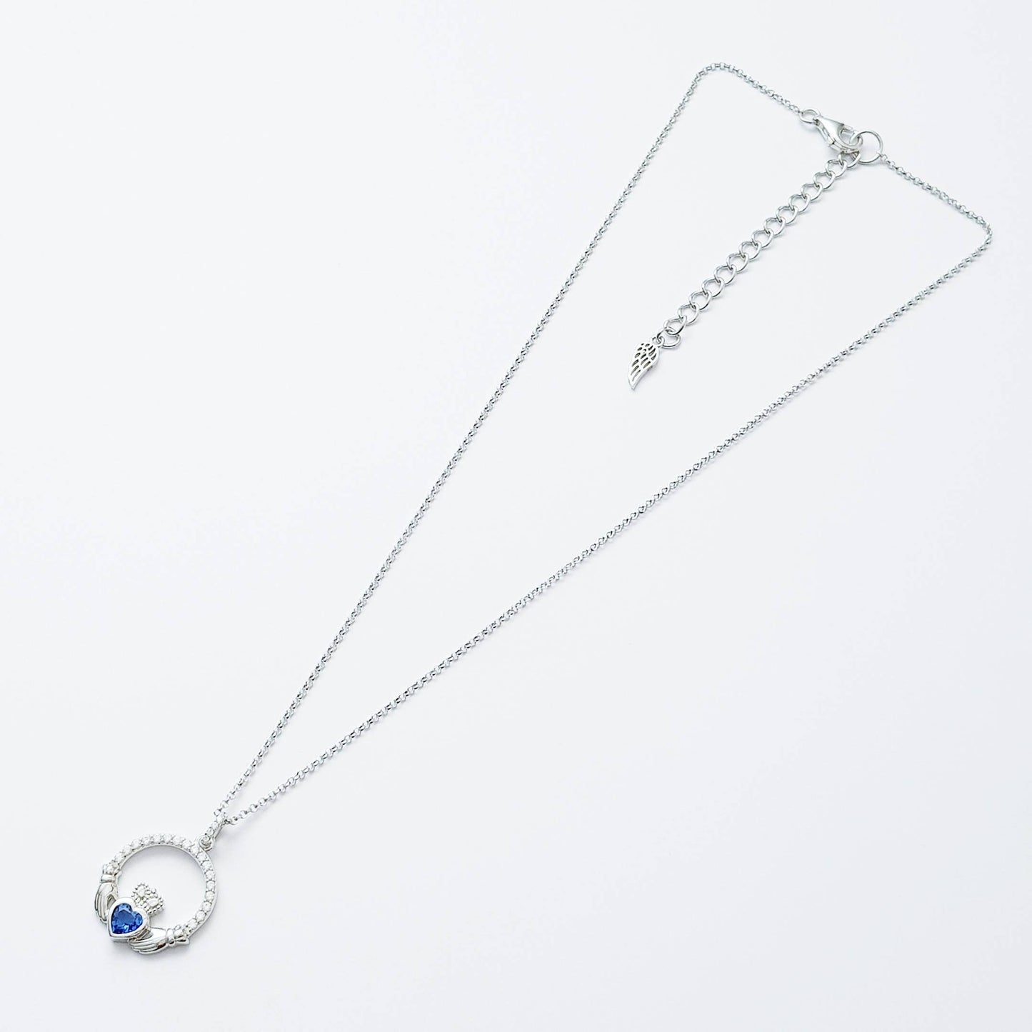 Sterling Silver Claddagh pendant, sapphire blue Claddagh necklace from Ireland