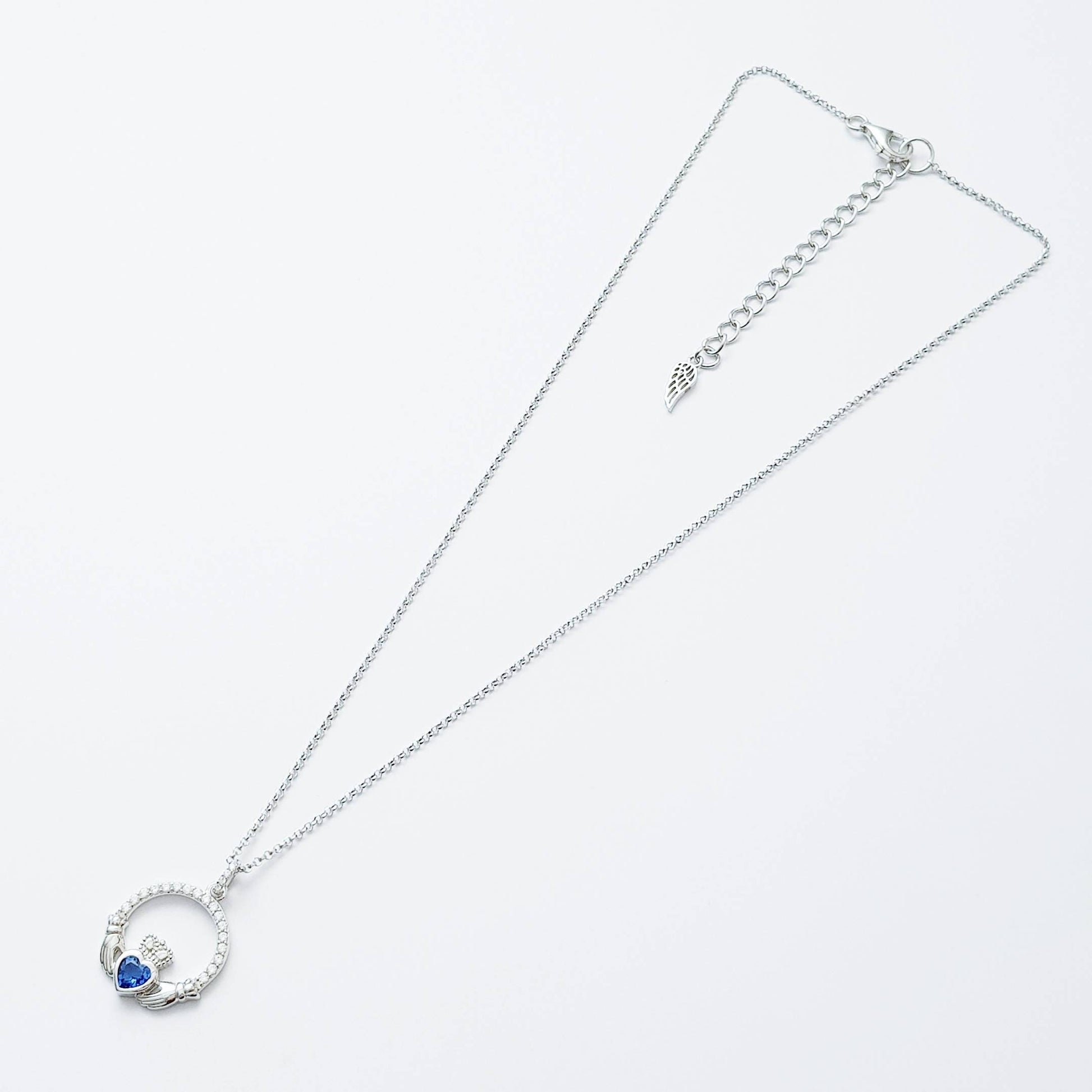 Sterling Silver Claddagh pendant, sapphire blue Claddagh necklace from Ireland