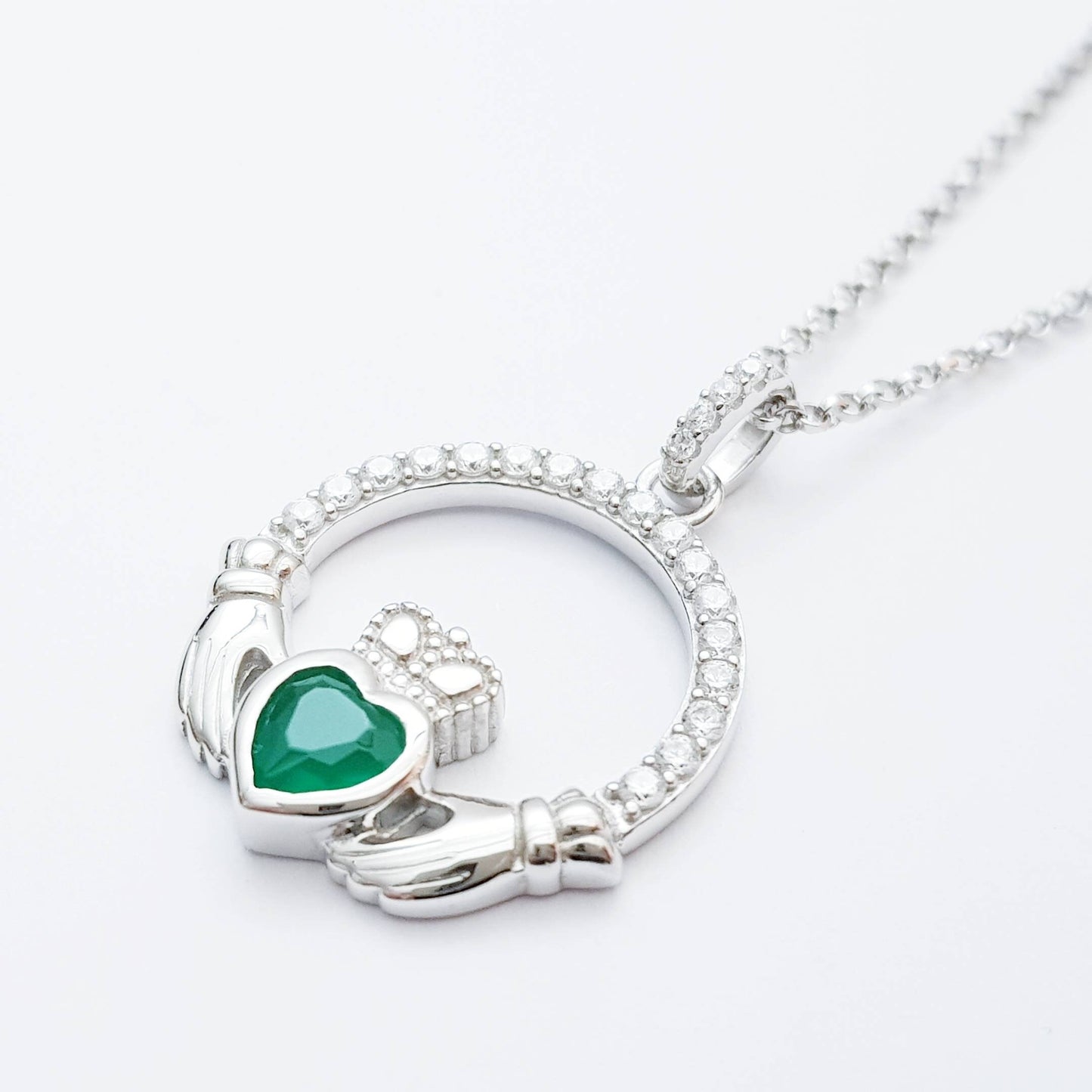 Sterling silver emerald green may birthstone claddagh necklace
