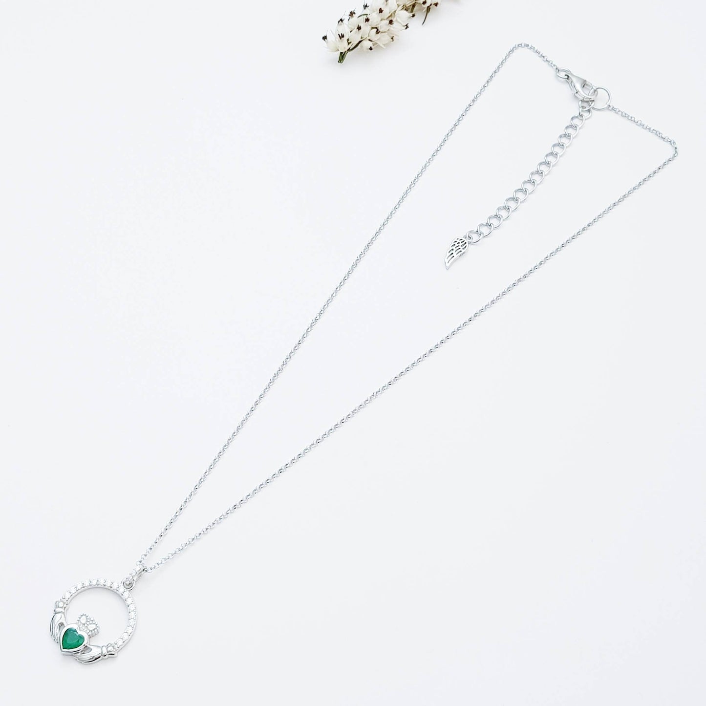 Sterling silver emerald green may birthstone claddagh necklace