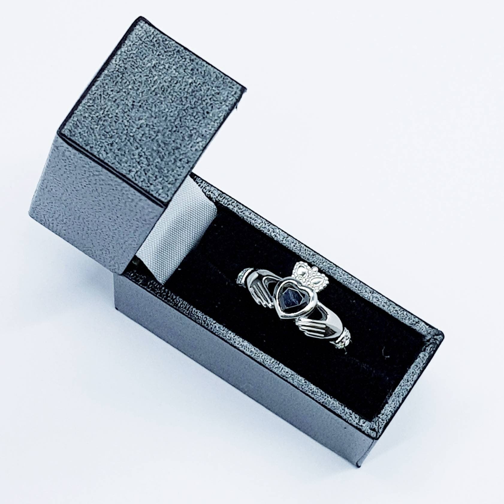Irish Claddagh ring set with black stone, silver claddagh rings