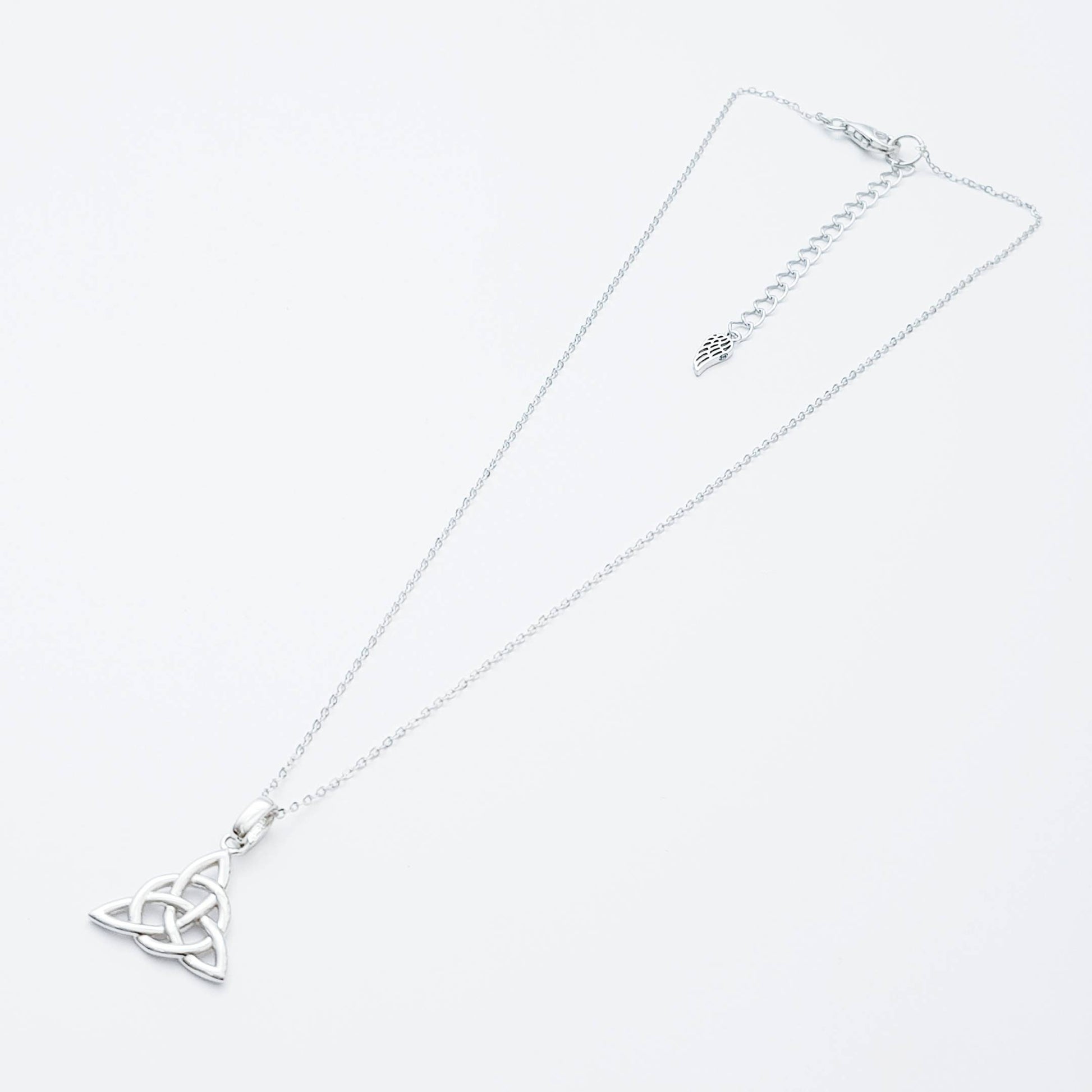 Double sided celtic knot pendant, silver triquetra celtic necklace made in Ireland with angel wing chain