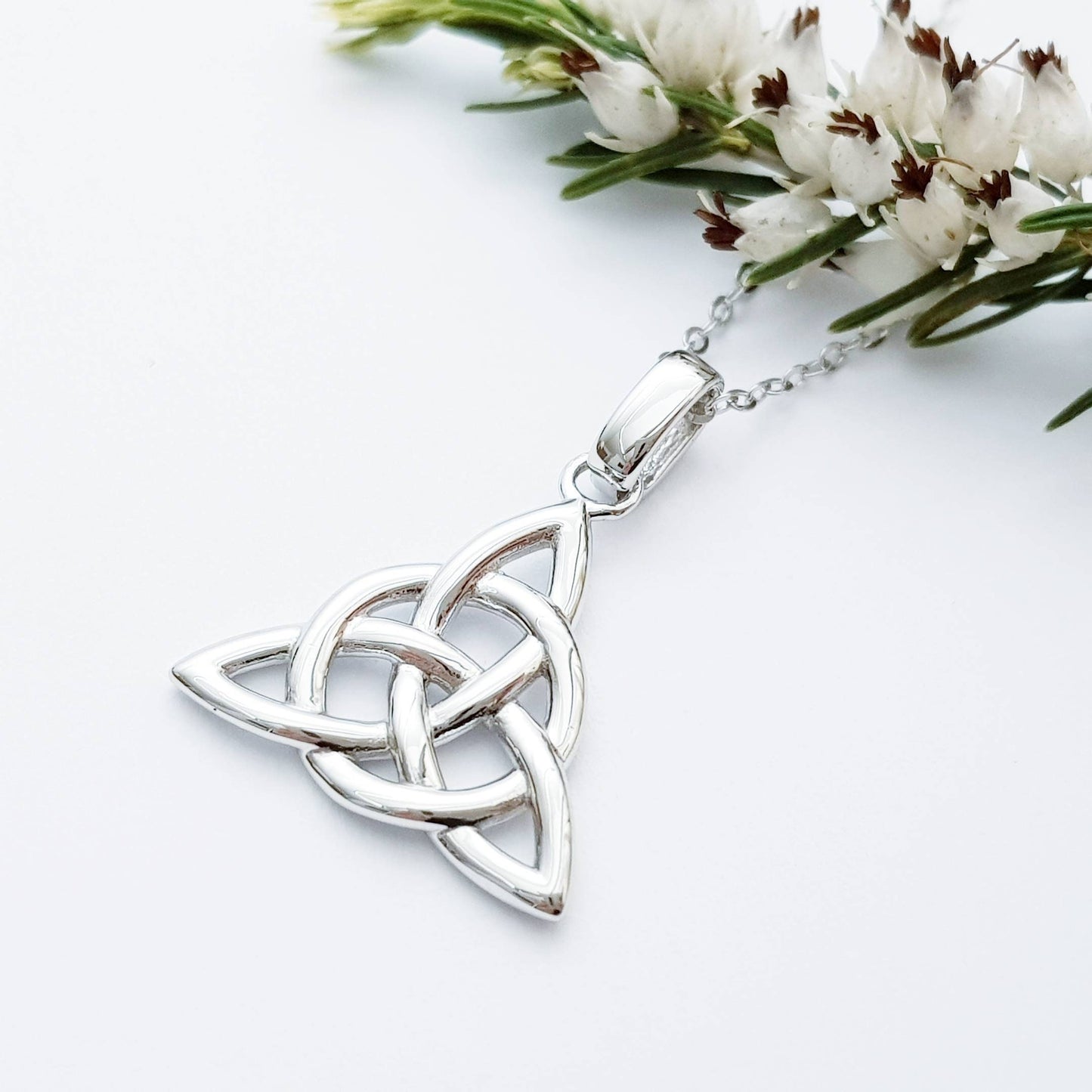 Double sided celtic knot pendant, silver triquetra celtic necklace made in Ireland with angel wing chain
