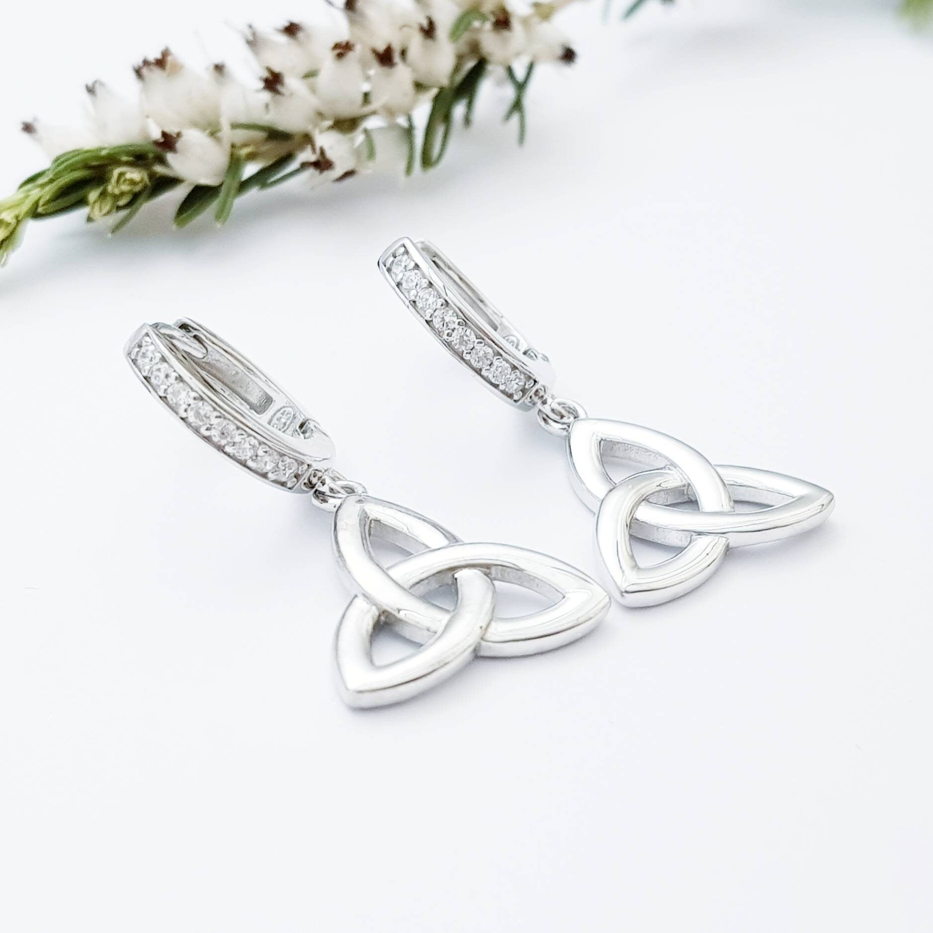 Celtic huggie Earrings, trinity knot drop earrings, silver Celtic jewelry, triquetra earrings, celtic dangle earrings