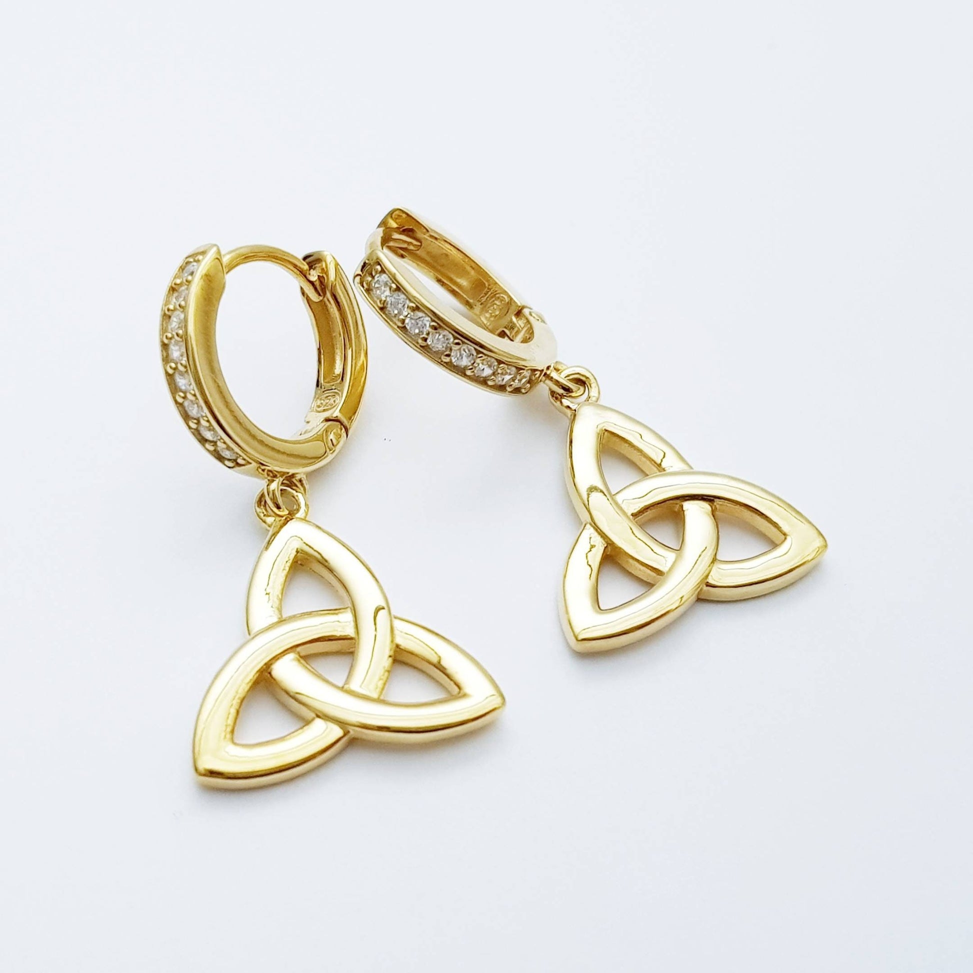 Celtic huggie Earrings, trinity knot hoop earrings, gold Celtic jewelry, celtic drop earrings