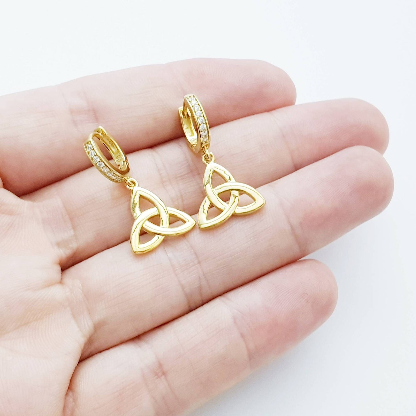 Celtic huggie Earrings, trinity knot hoop earrings, gold Celtic jewelry, celtic drop earrings