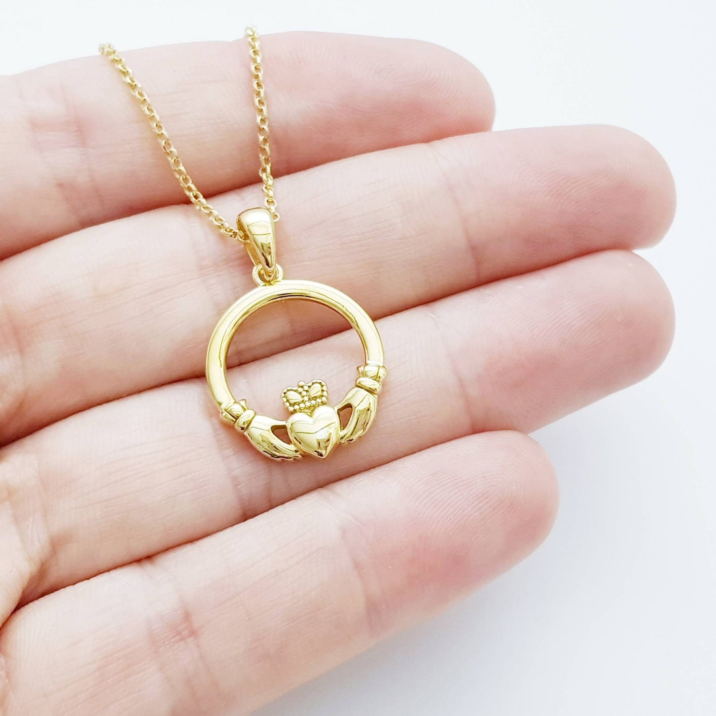 Gold Claddagh pendant, Irish claddagh necklace from Galway, Ireland, claddagh celtic pendant