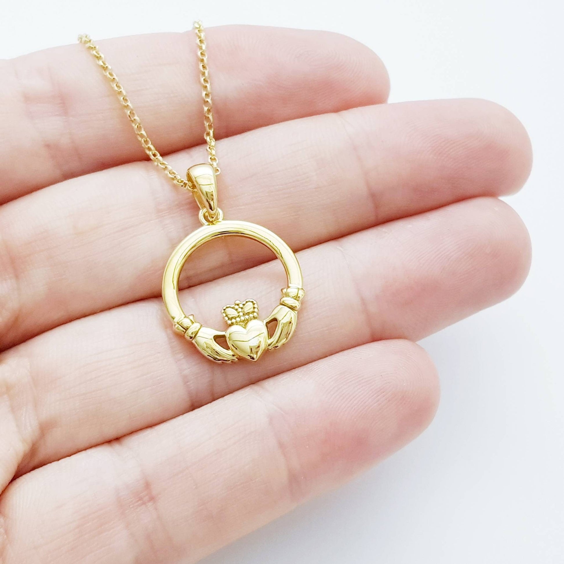 Gold Claddagh pendant, Irish claddagh necklace from Galway, Ireland, claddagh celtic pendant