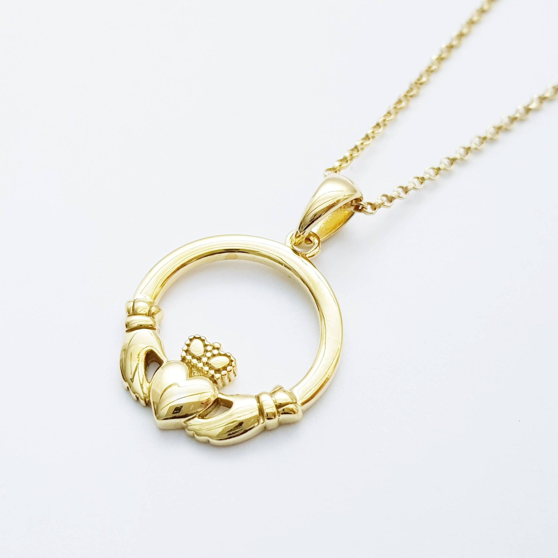 Gold Claddagh pendant, Irish claddagh necklace from Galway, Ireland, claddagh celtic pendant