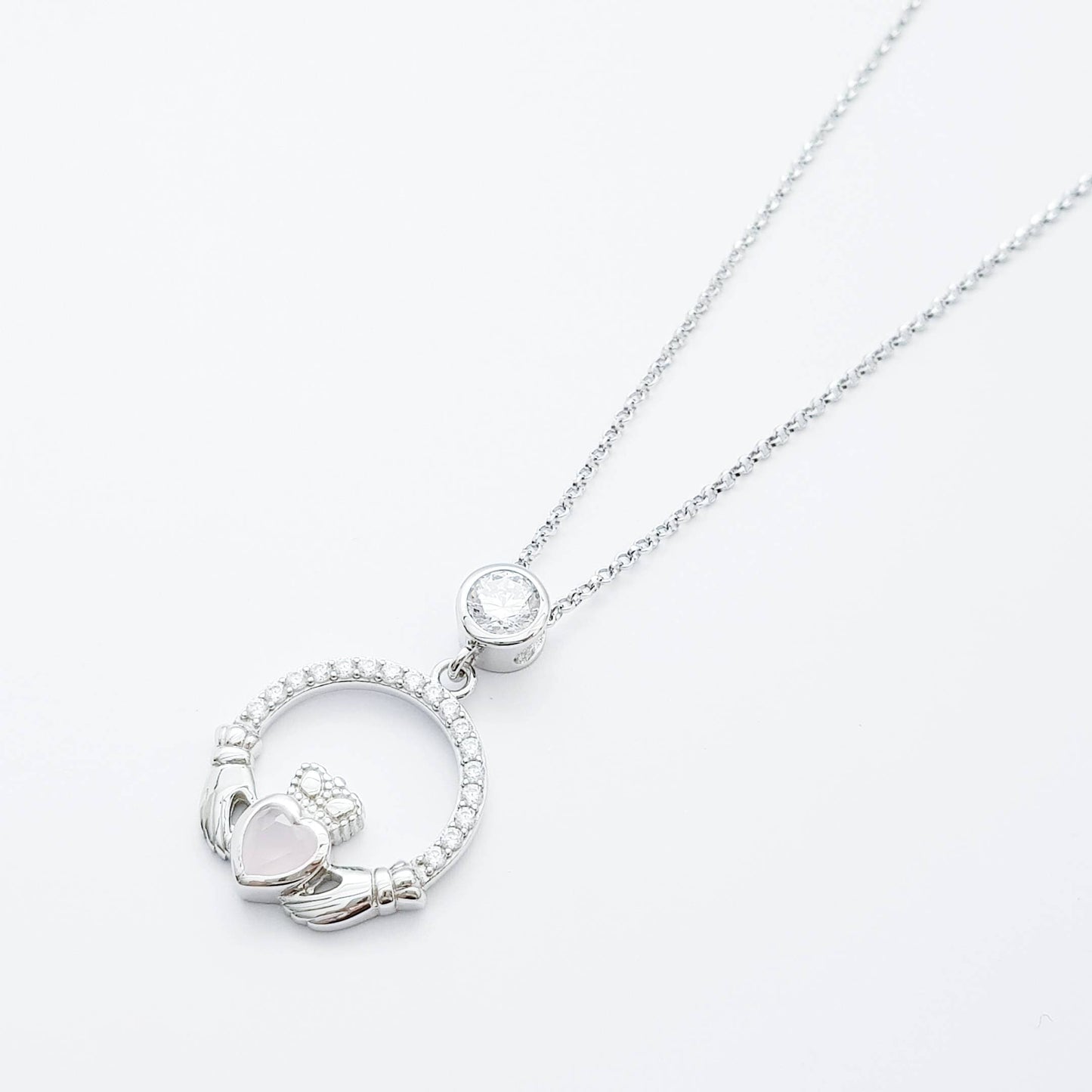 Sterling Silver Claddagh pendant, claddagh necklace, Pink Claddagh chain from Ireland