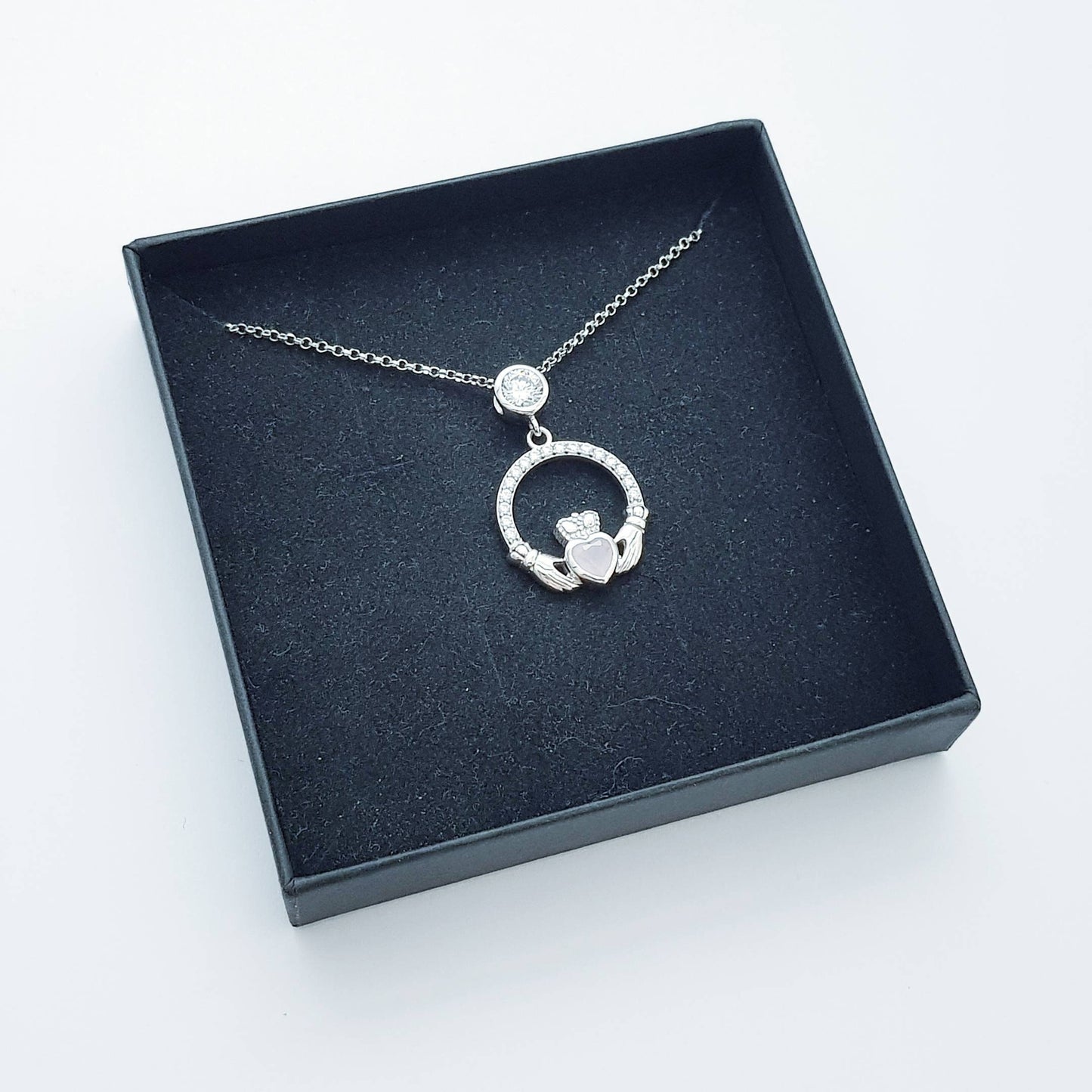 Sterling Silver Claddagh pendant, claddagh necklace, Pink Claddagh chain from Ireland