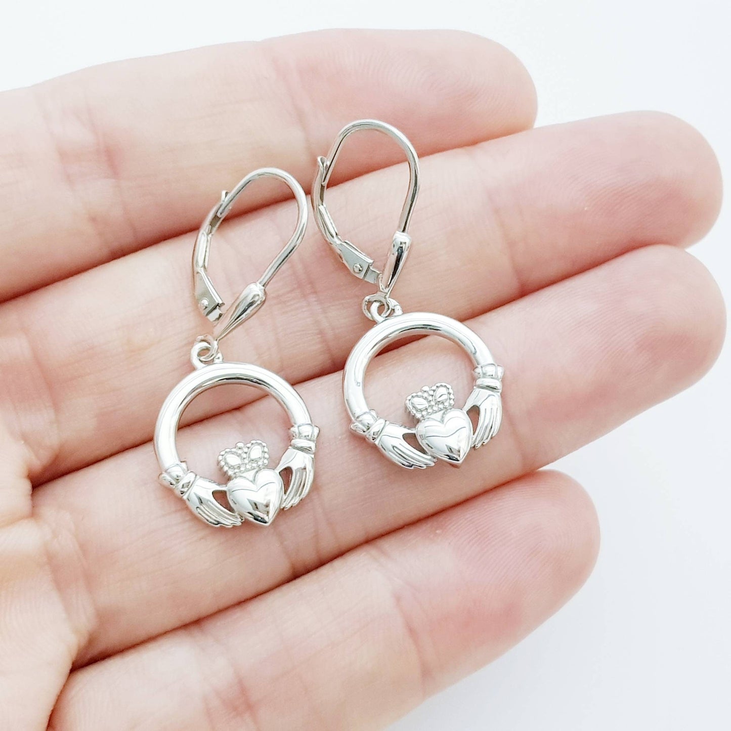 Claddagh Earrings, Silver Claddagh Earrings, lever back drop Earrings