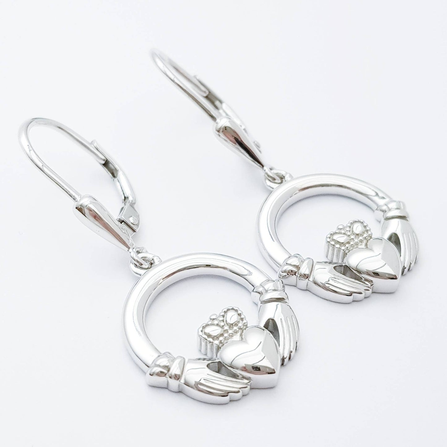 Claddagh Earrings, Silver Claddagh Earrings, lever back drop Earrings