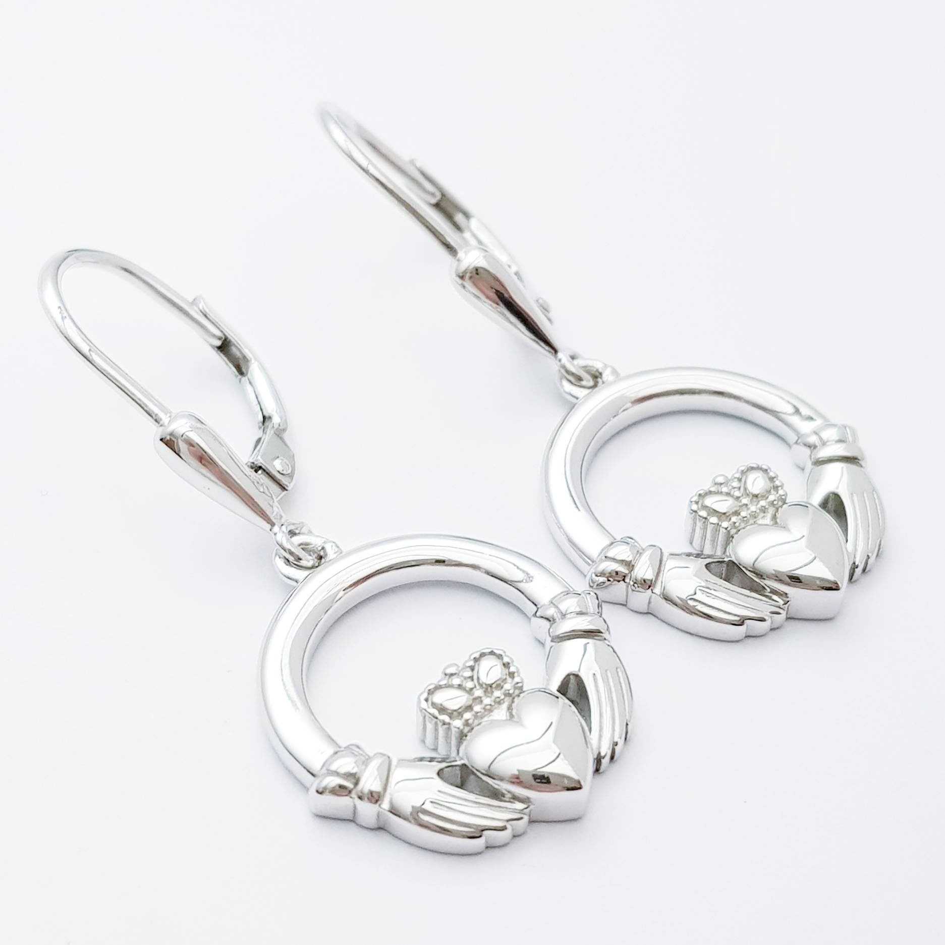 Claddagh Earrings, Silver Claddagh Earrings, lever back drop Earrings