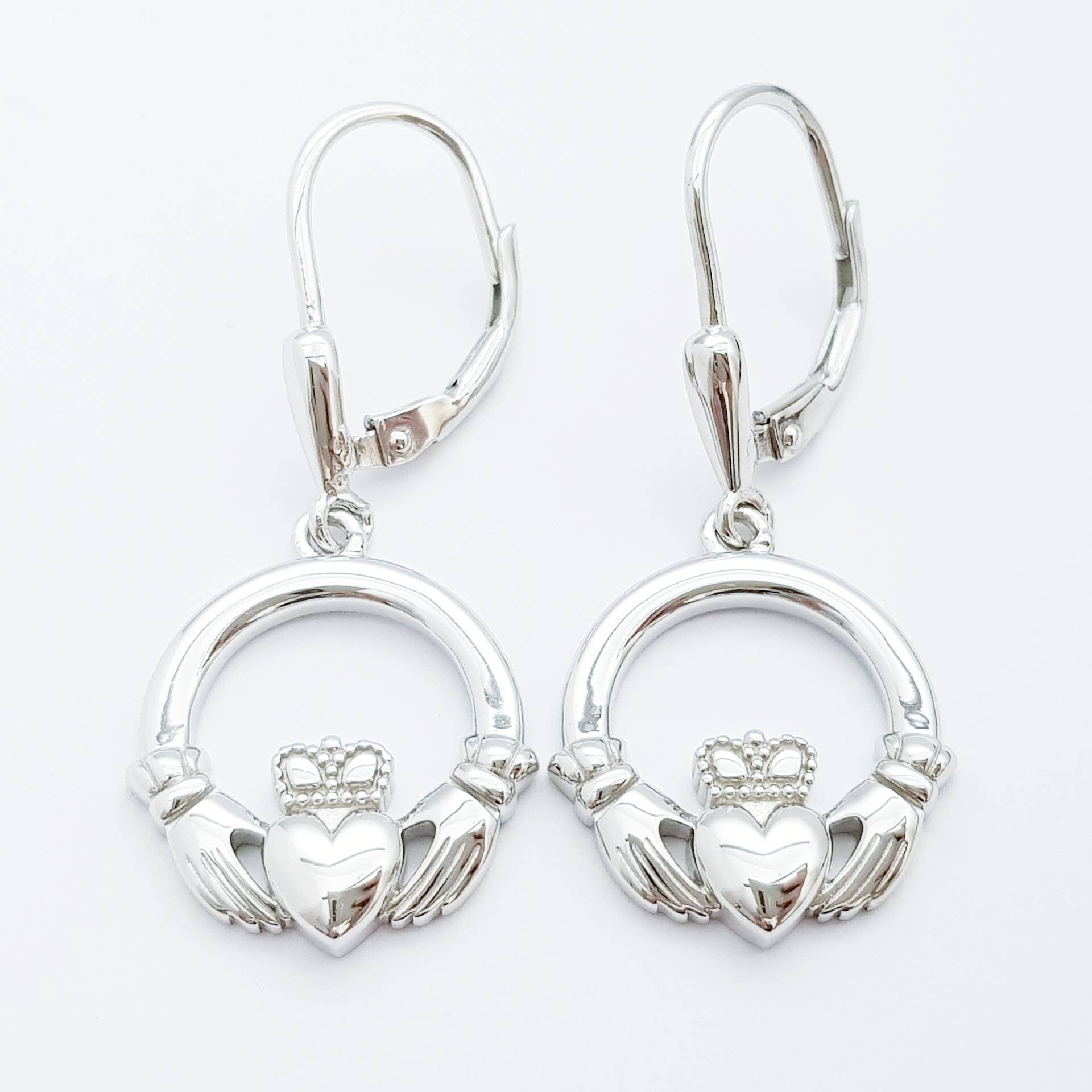 Claddagh Earrings, Silver Claddagh Earrings, lever back drop Earrings